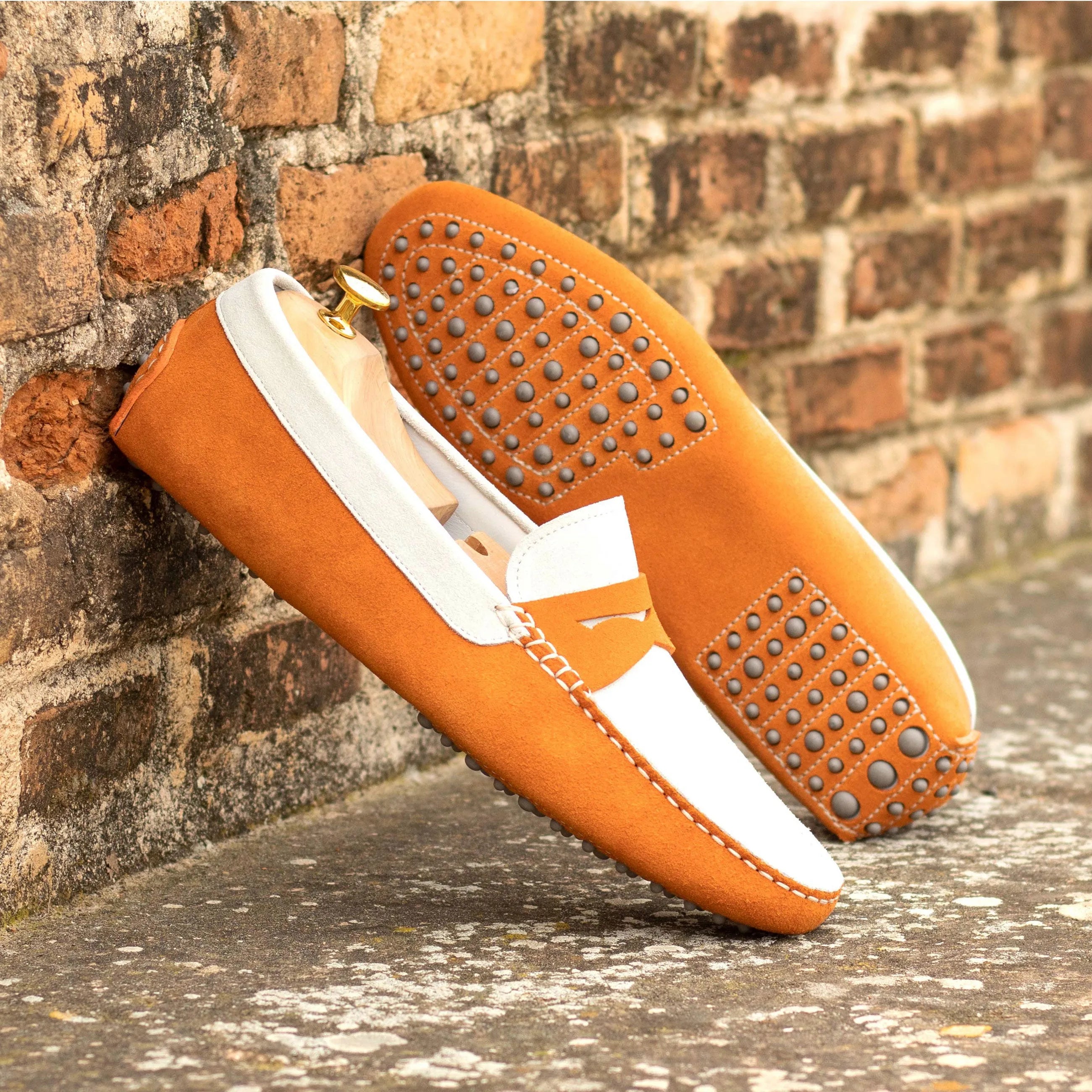 Orange and white leather loafers from Fadalzo Driver, luxury bespoke shoes for men