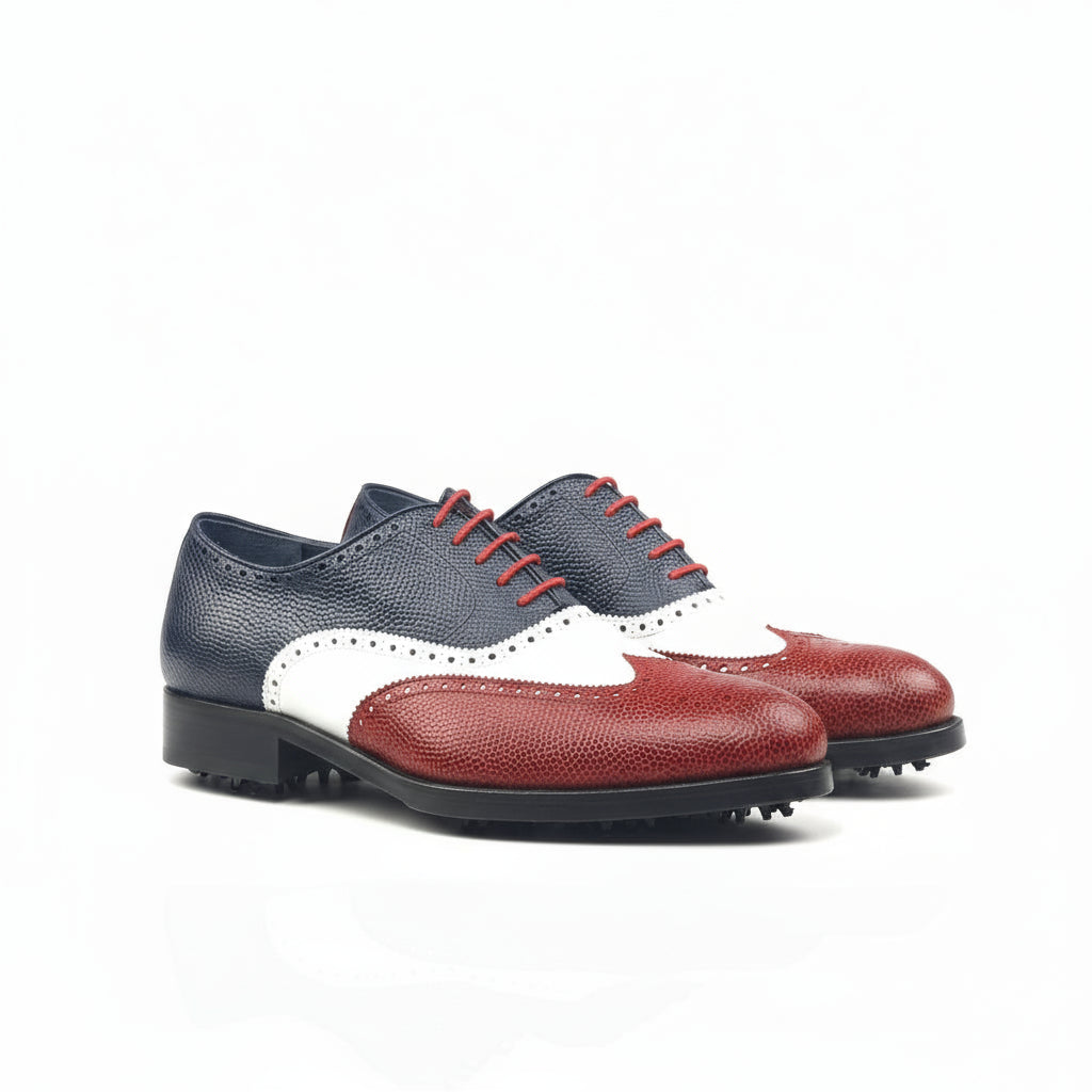 Tricolored FB Full Brogue golf shoes showcasing premium saddle golf shoes design