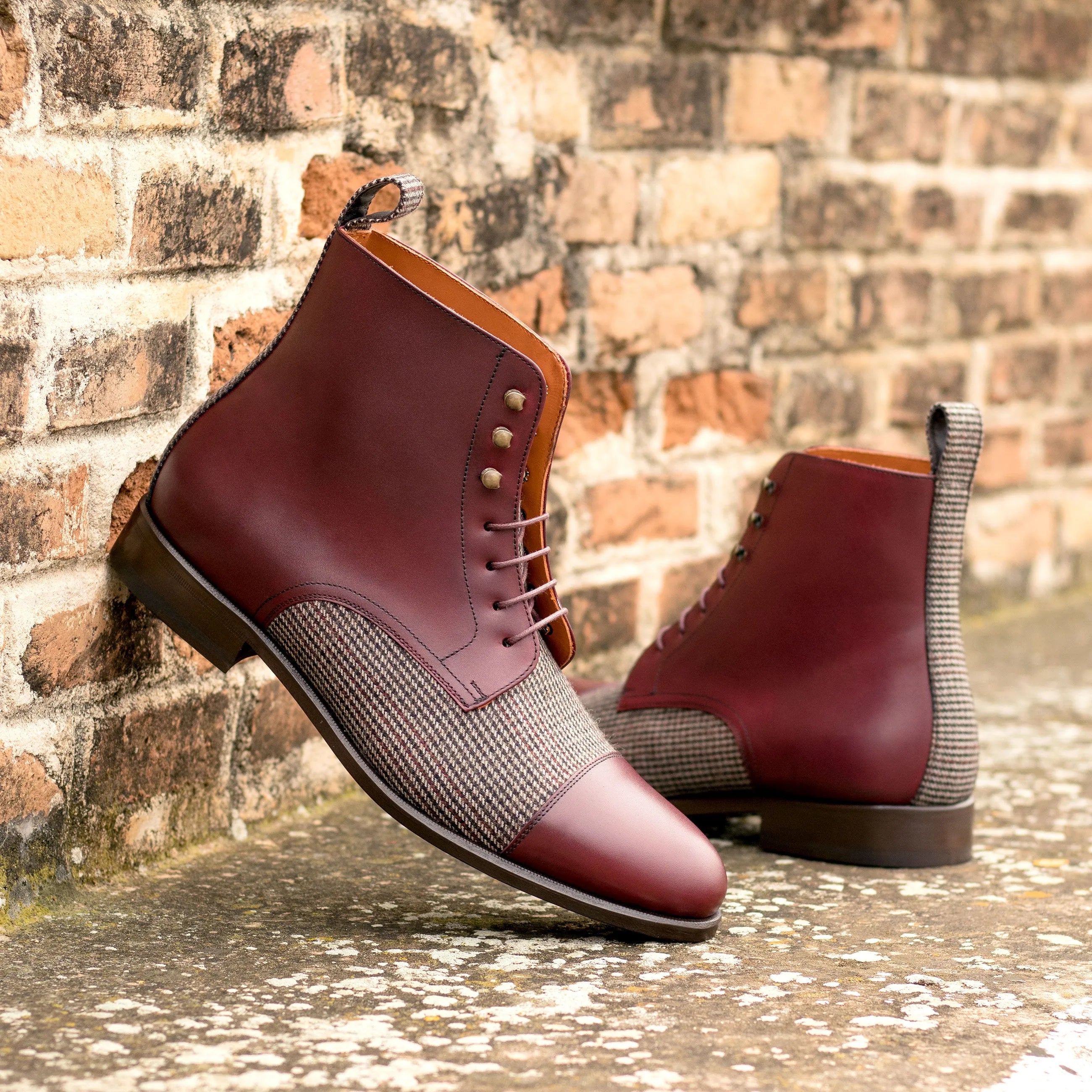 Burgundy leather and tweed Fenrir Jumper Boots showcasing elegant craftsmanship