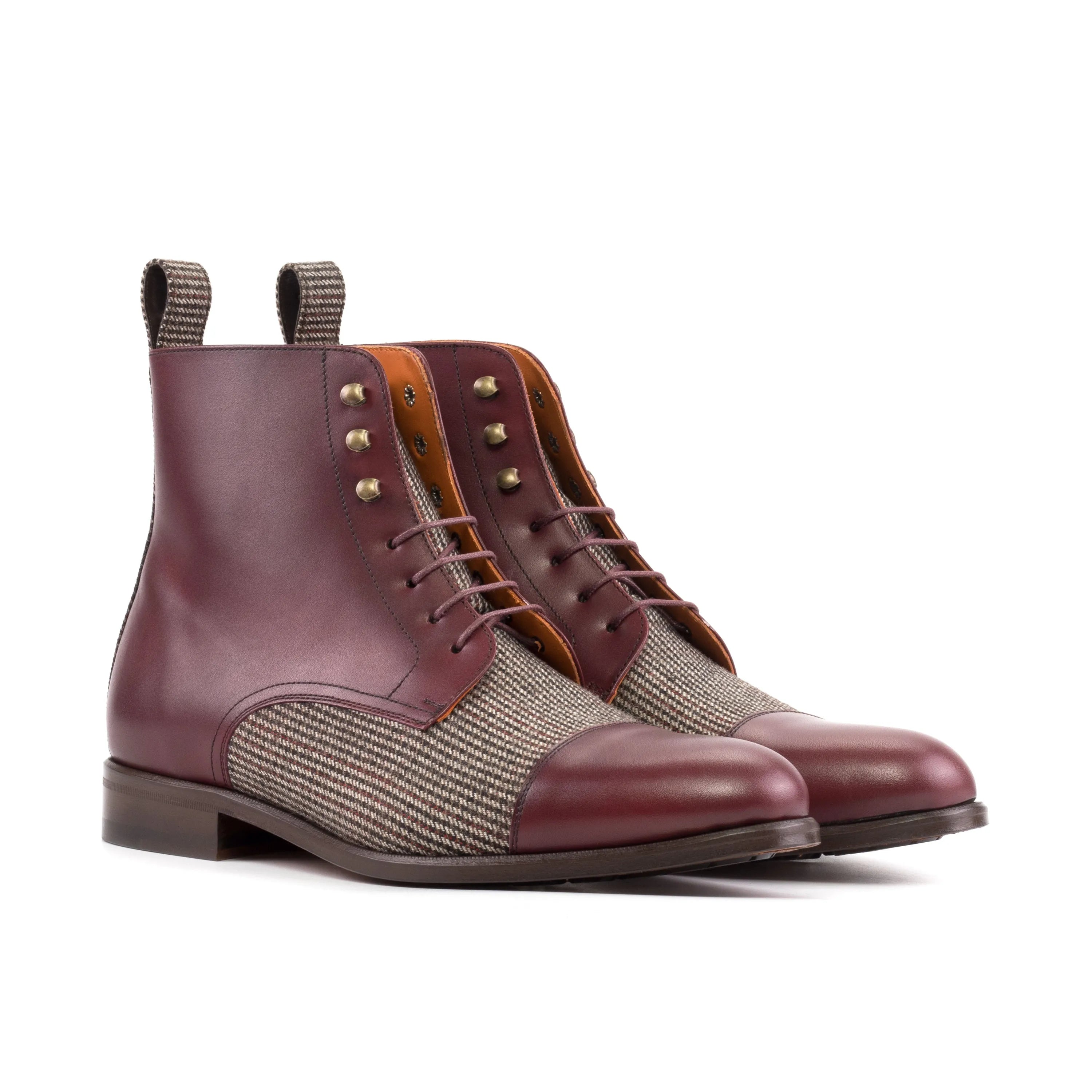 Burgundy leather and tweed Fenrir Jumper Boots showcasing stylish winter footwear