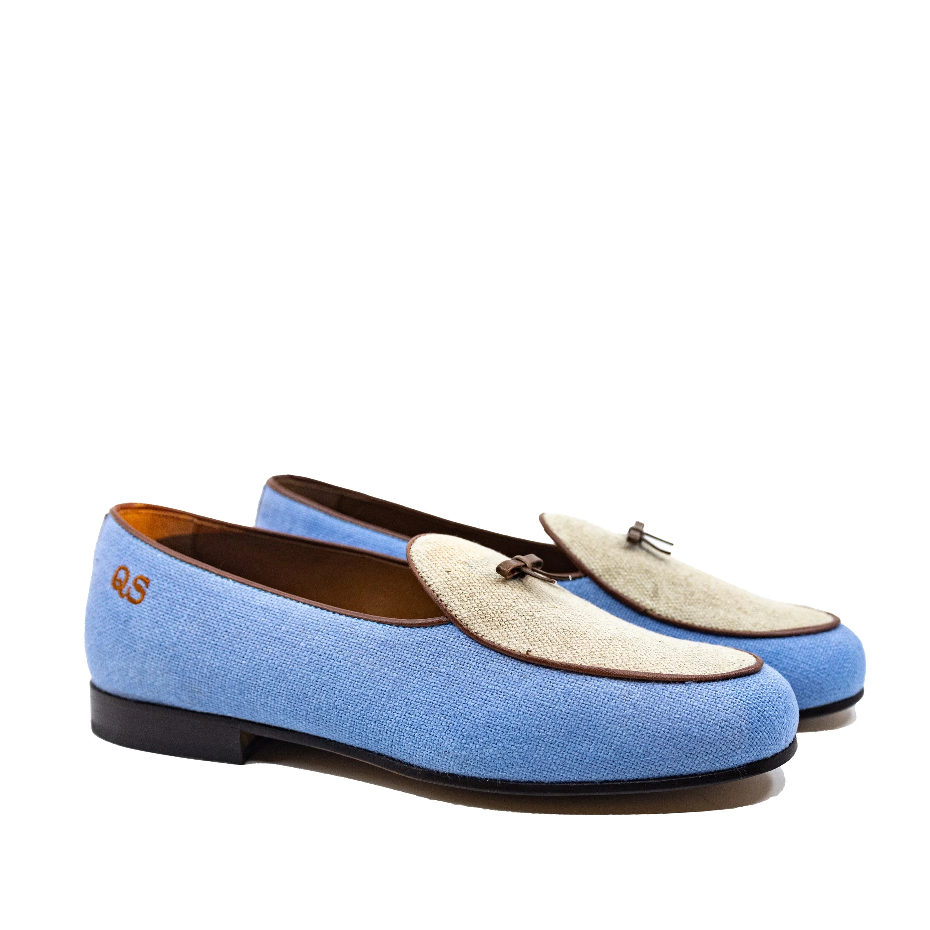 Light blue Fernandez Belgian Slipper II loafers with white accents