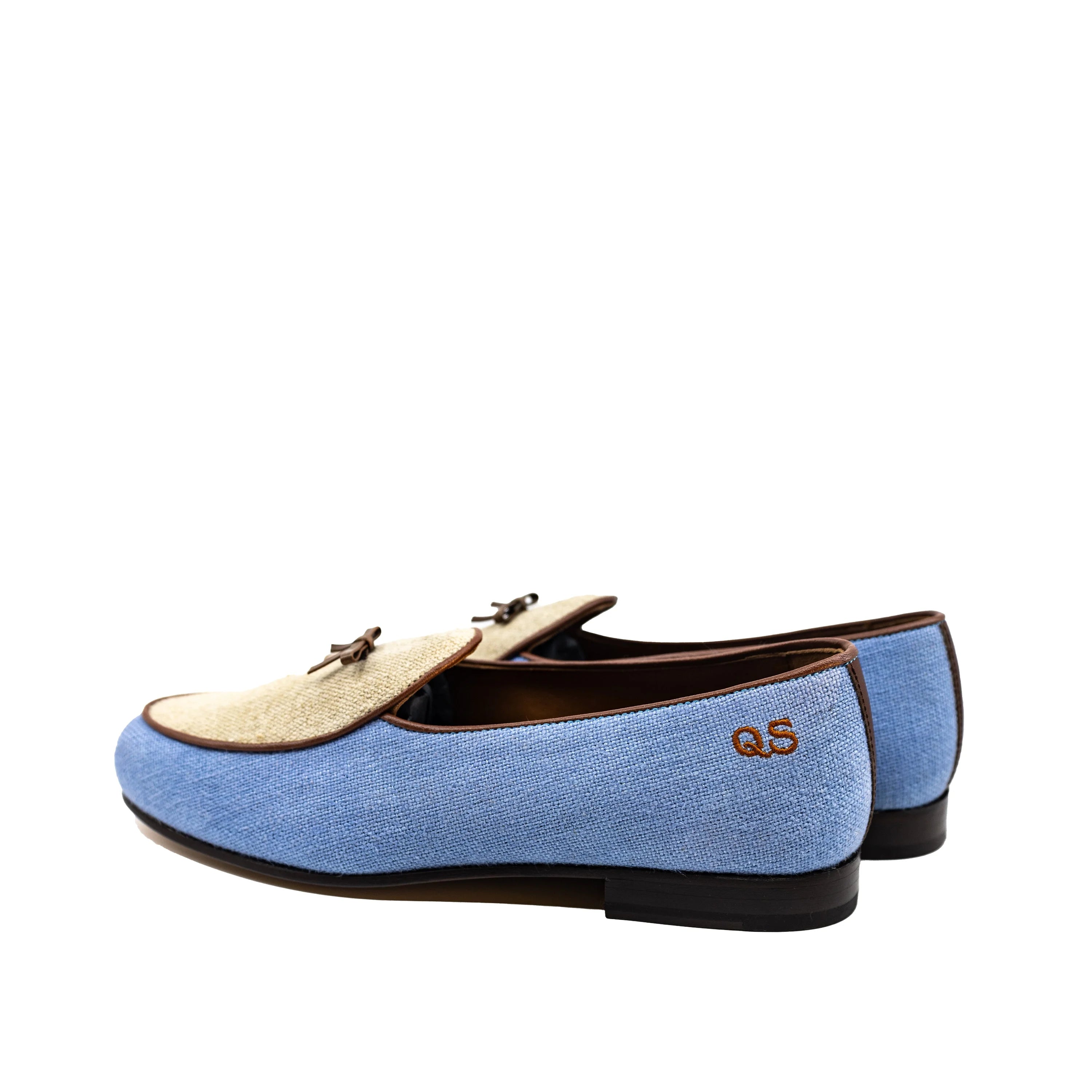 Fernandez Belgian Slipper: light blue suede loafers with gold accents and QS monogram on heel