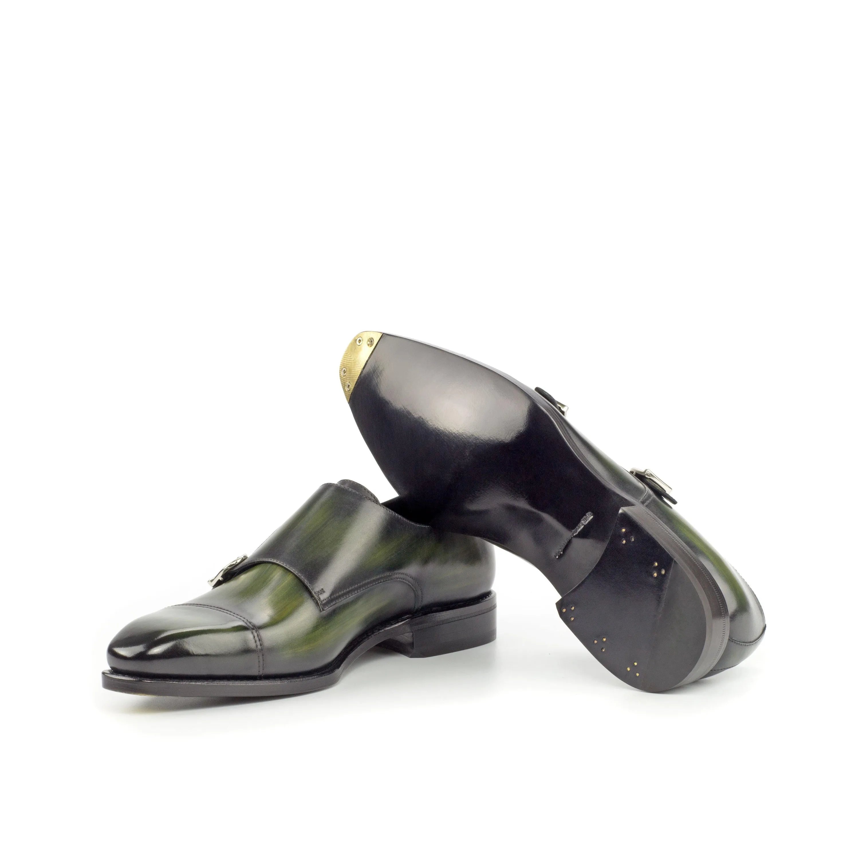 Green leather Fernando Double Monk Patina shoes with double monk strap design