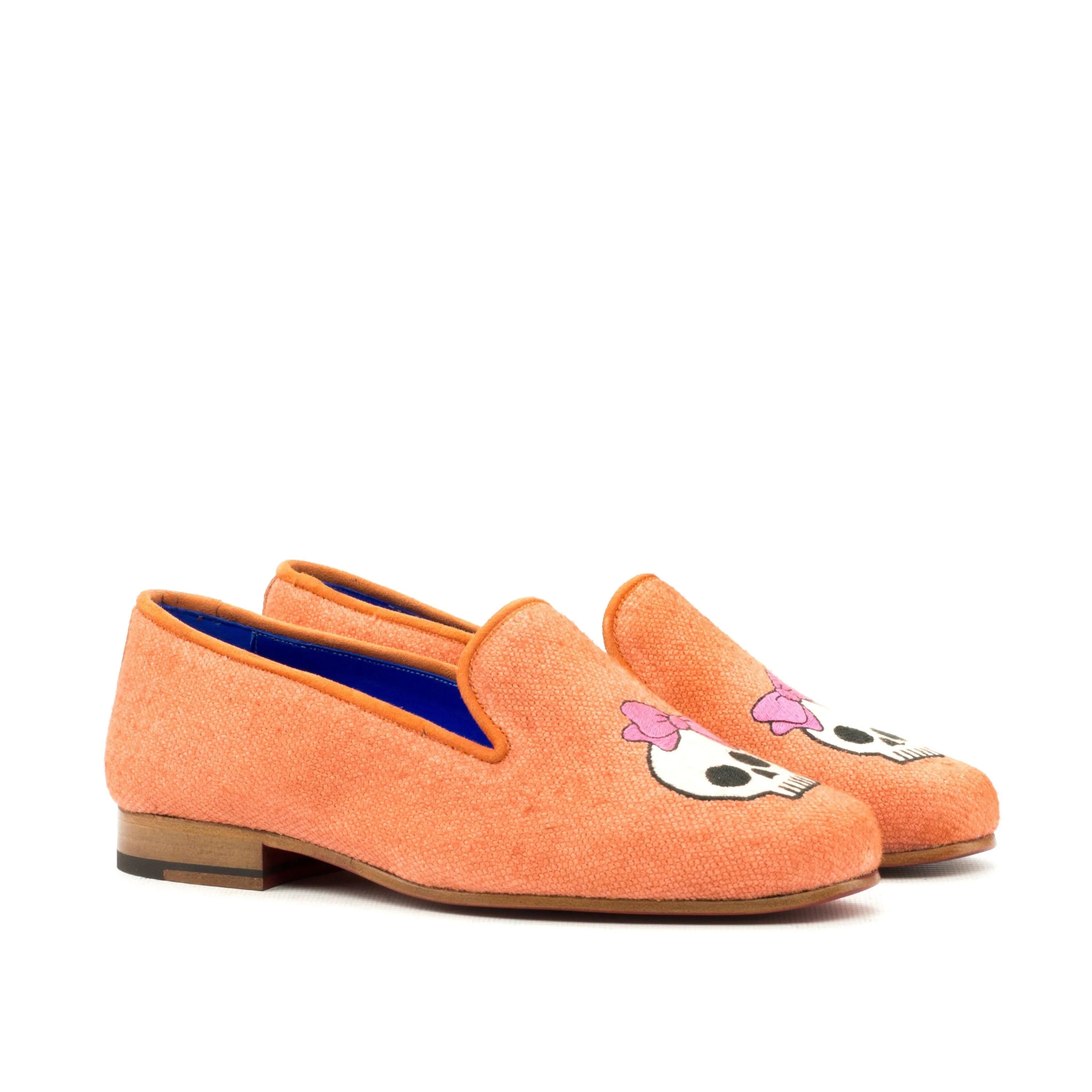 Orange skull-embroidered loafers from Fero Womens Audrey Slipper collection