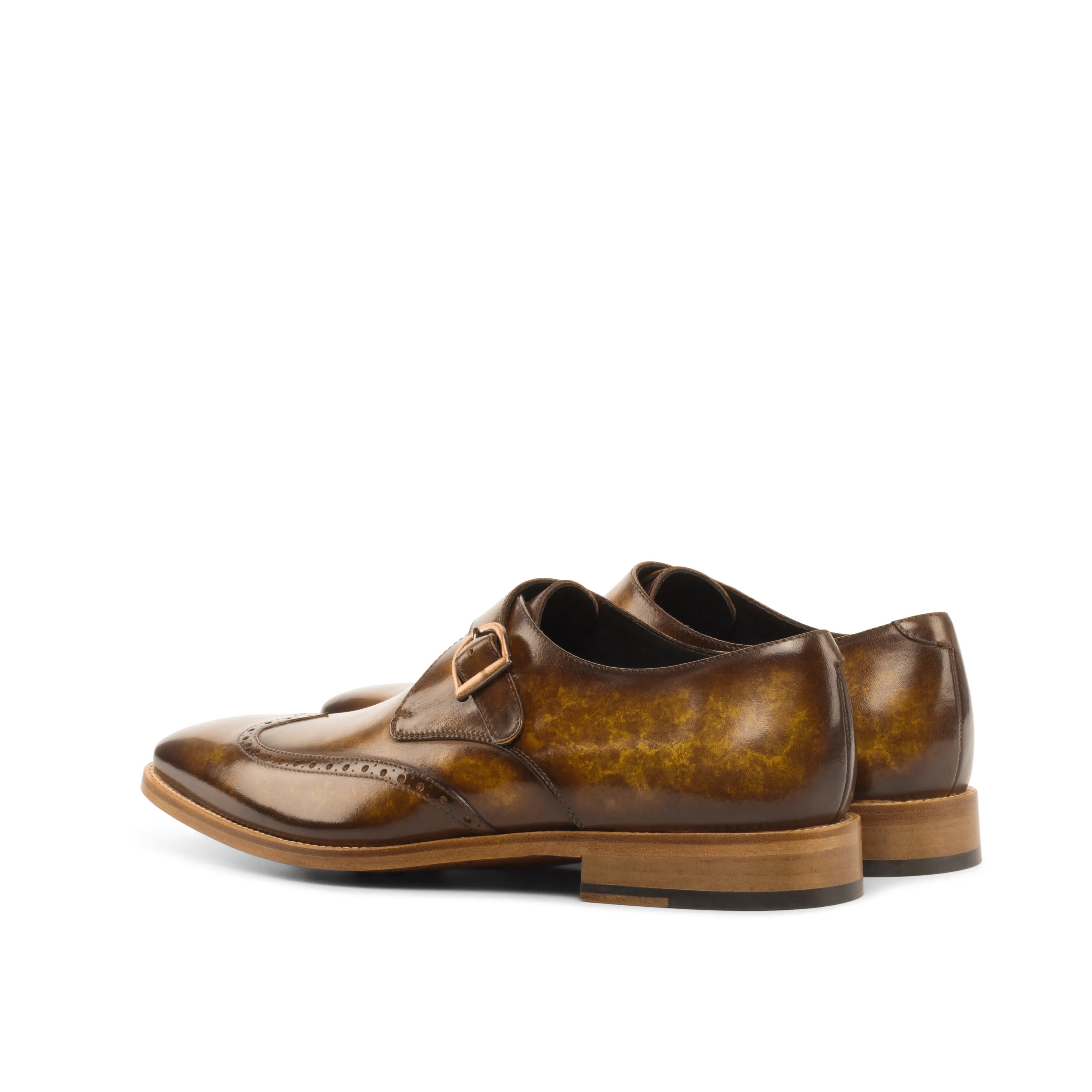 Pair of brown leather Fire Patina Single Monk Shoes, featuring elegant monk shoes design
