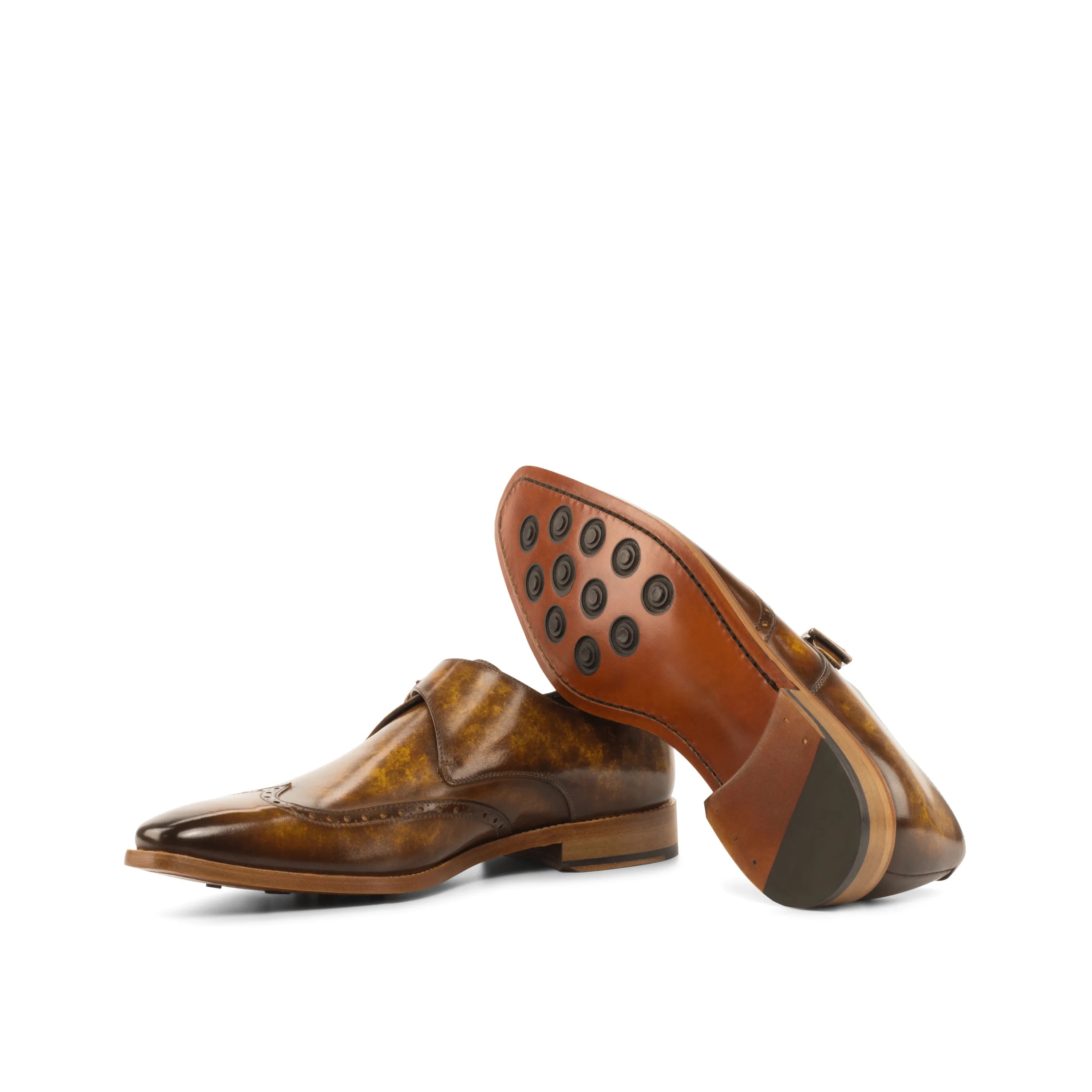 Pair of brown leather Fire Patina Single Monk Shoes featuring elegant monk shoes design