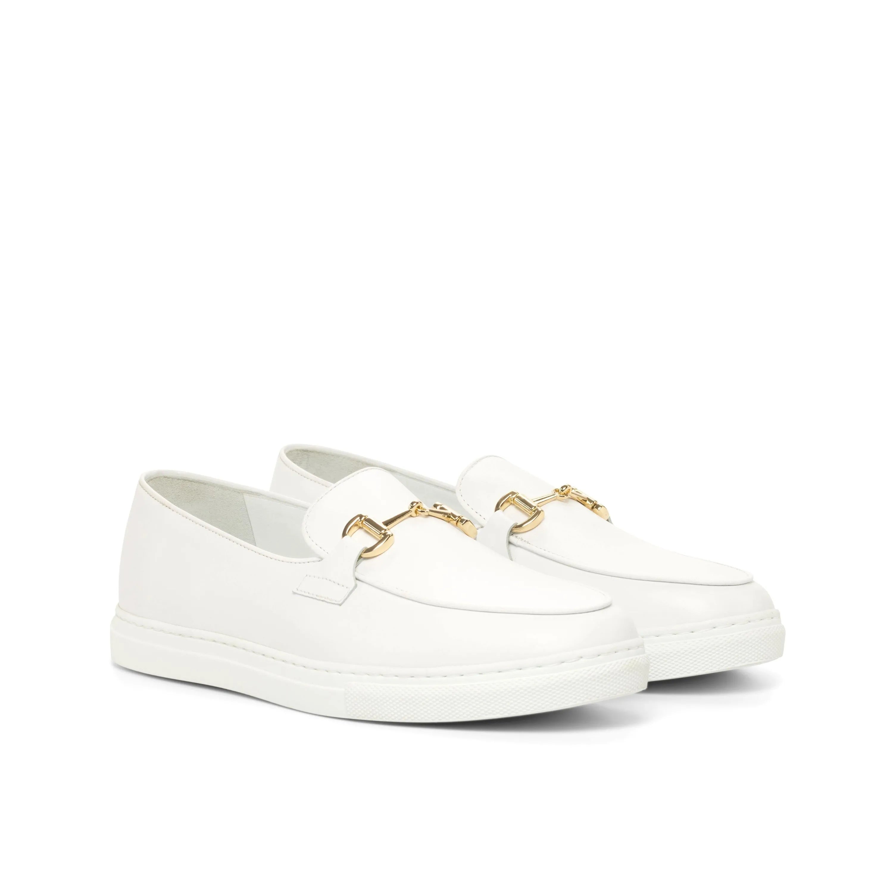 Pair of white leather loafers with gold hardware, featured in the Frais Belgian Sneaker collection