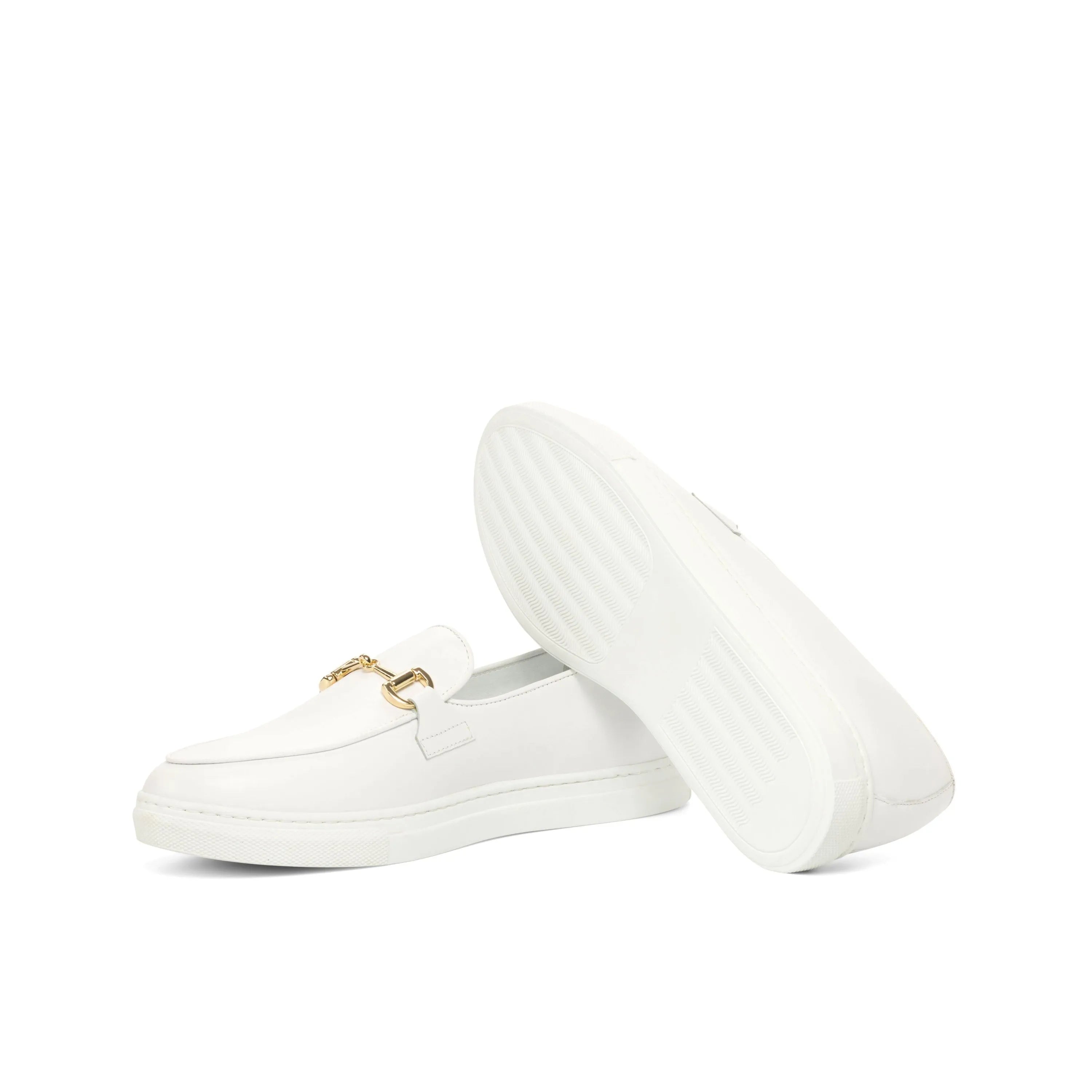 White leather loafers with gold buckle, styled as a Frais Belgian Sneaker choice