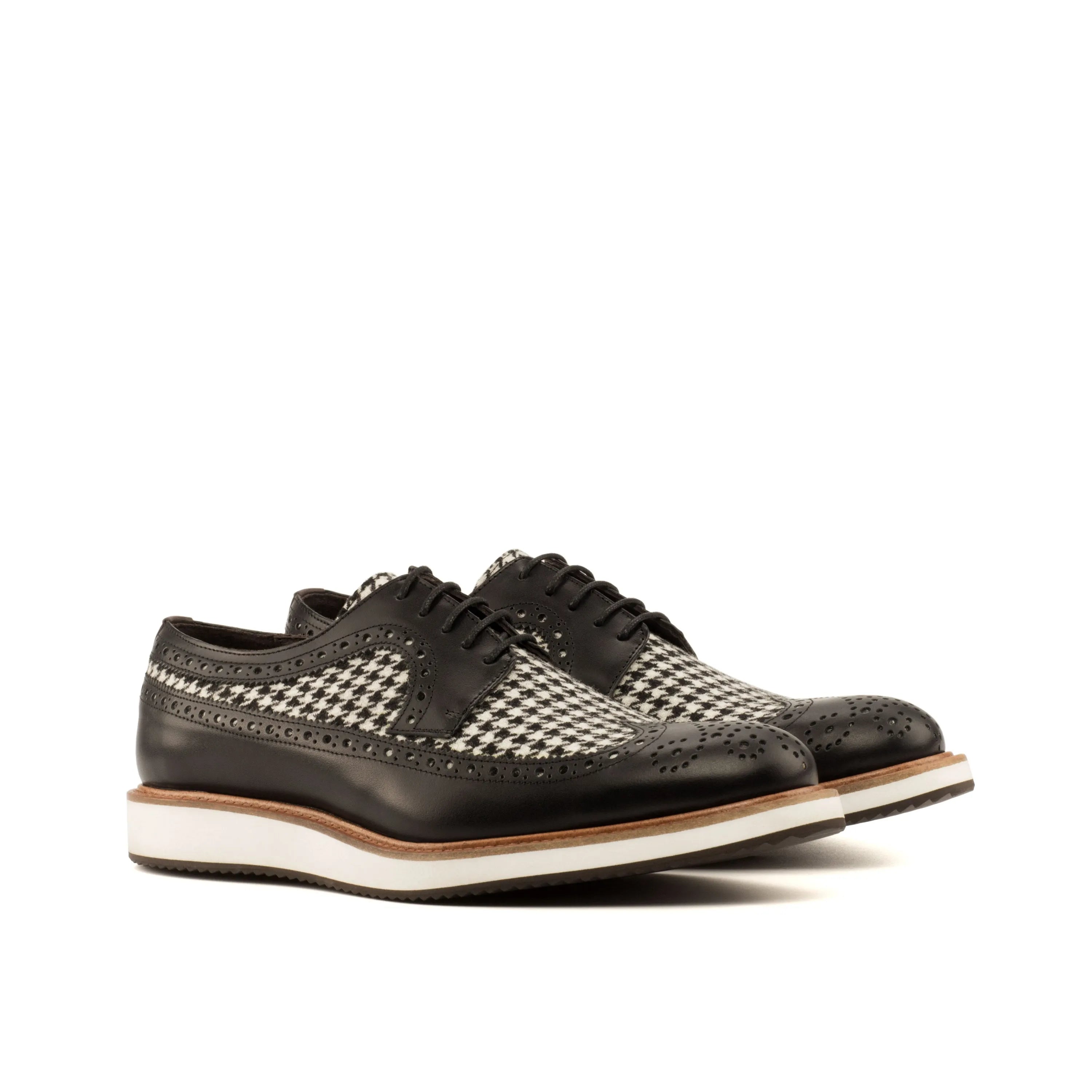 Black and white houndstooth dress shoes, Franko Longwing Blucher, stylish sophistication