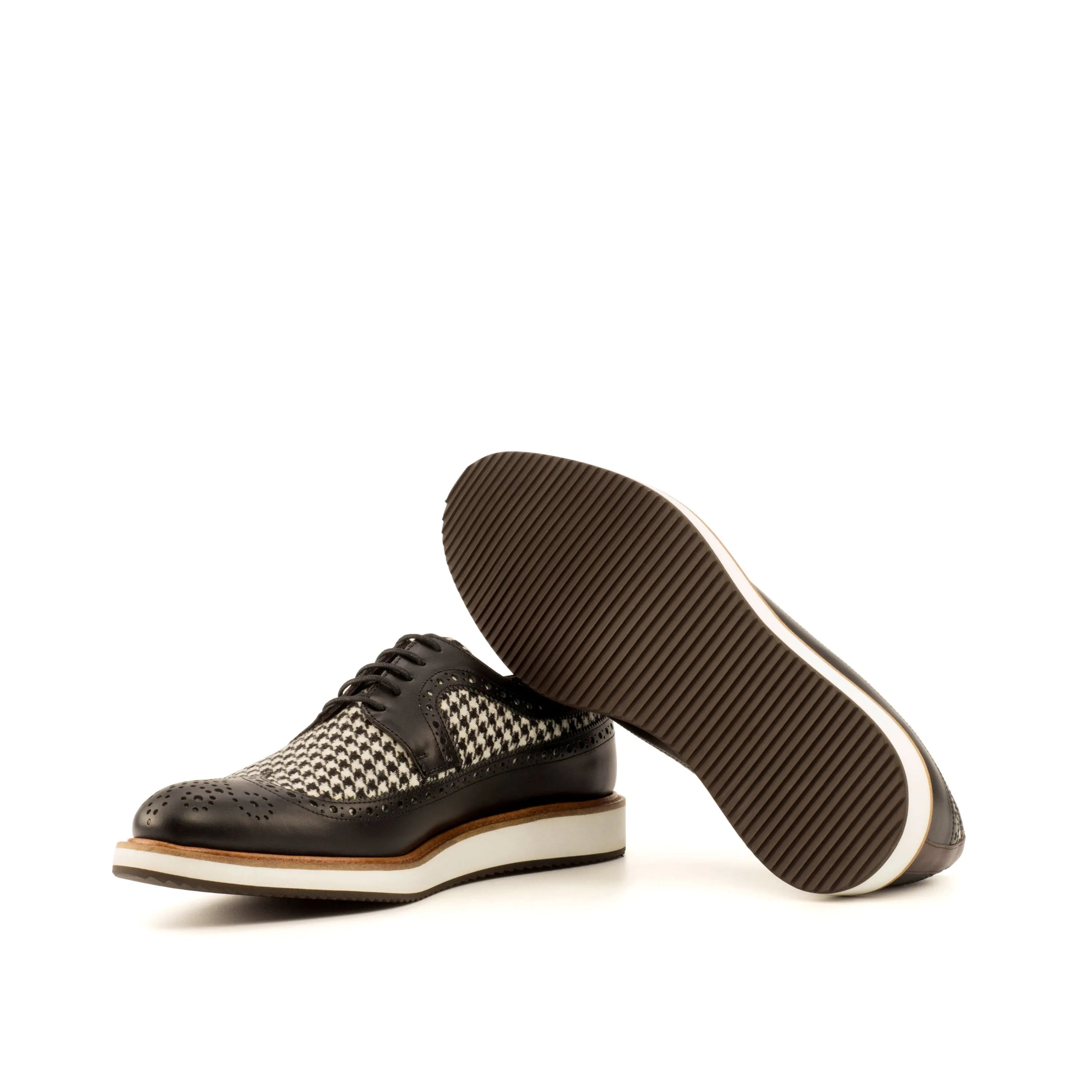 Houndstooth wingtip dress shoes in the Franko Longwing Blucher style, perfect for formal wear