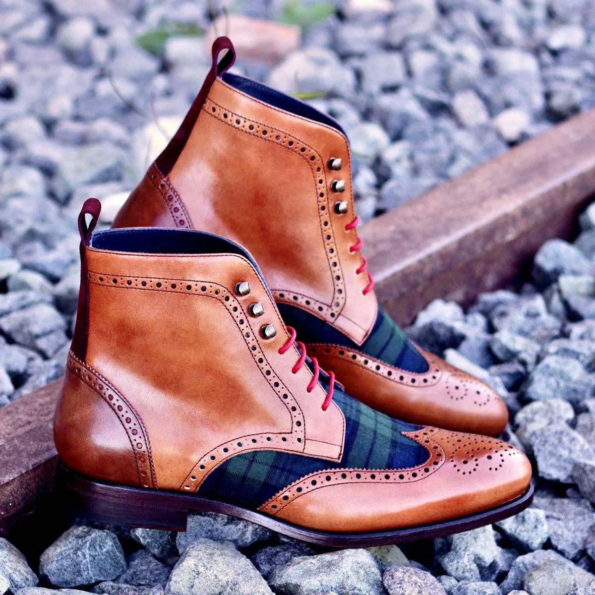 Franko Military Brogue Boots featuring leather and plaid design with painted calf accents