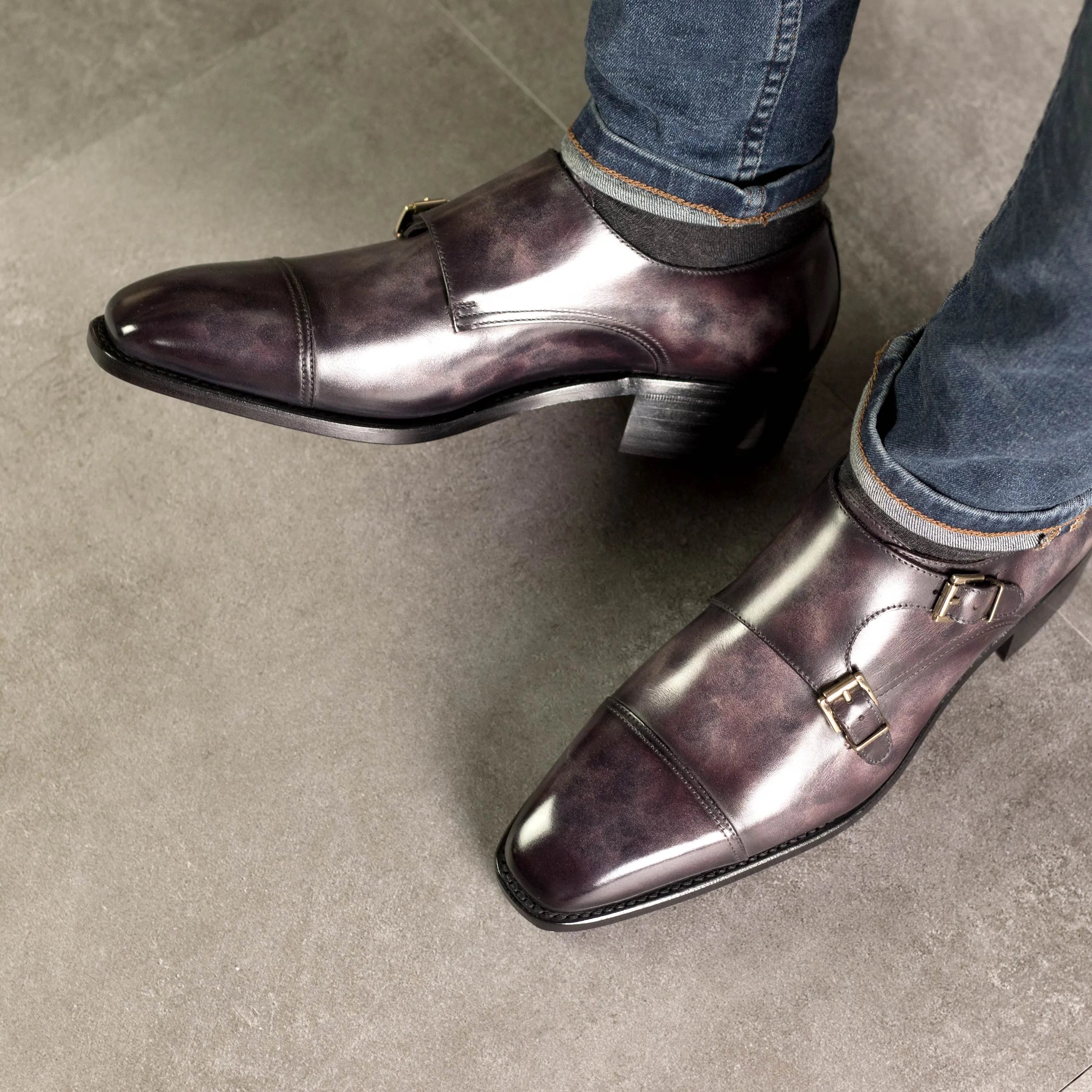 Gray leather double monk strap shoes from Frankos Patina Double collection
