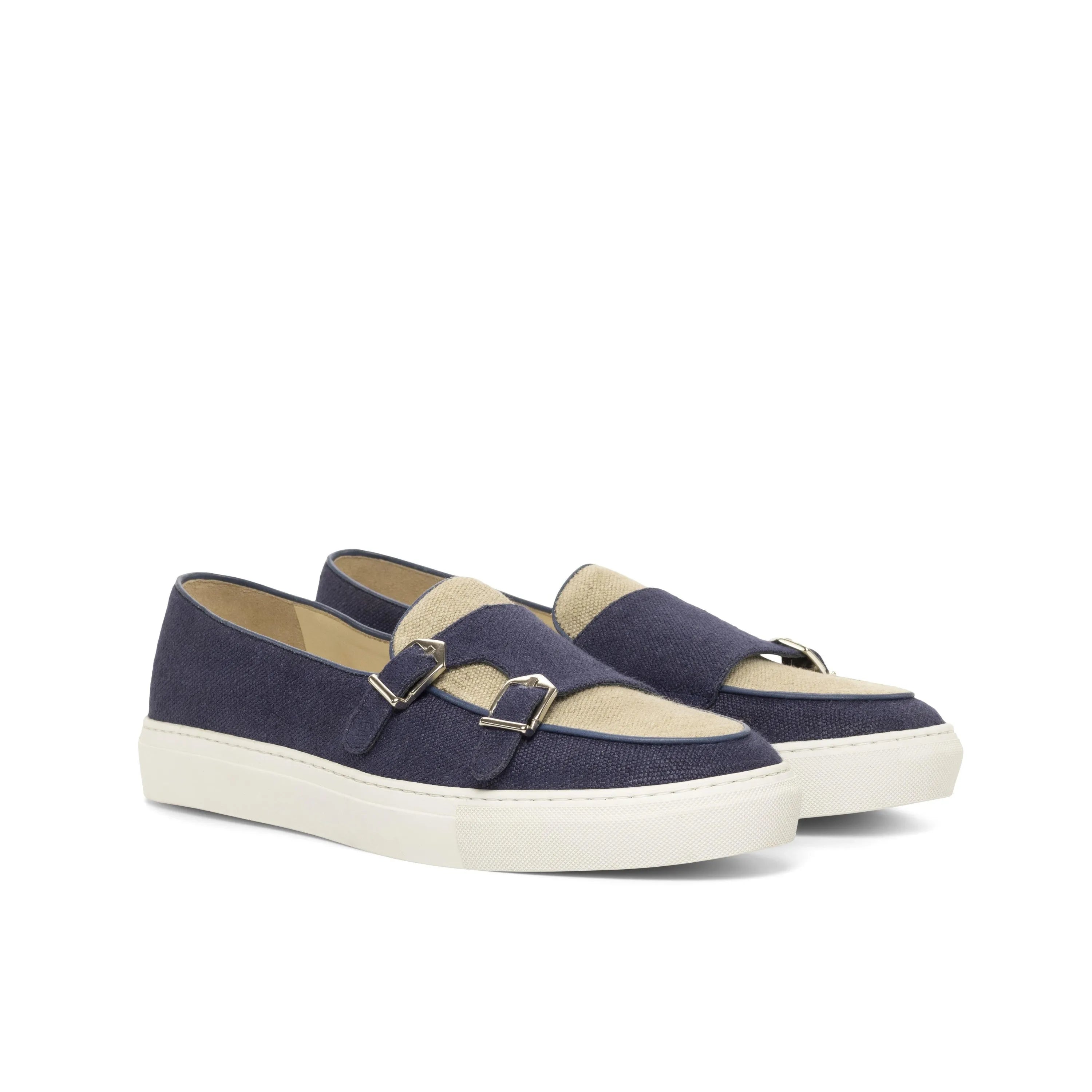 Navy and beige double monk strap sneakers from Fridays Monk Sneaker collection