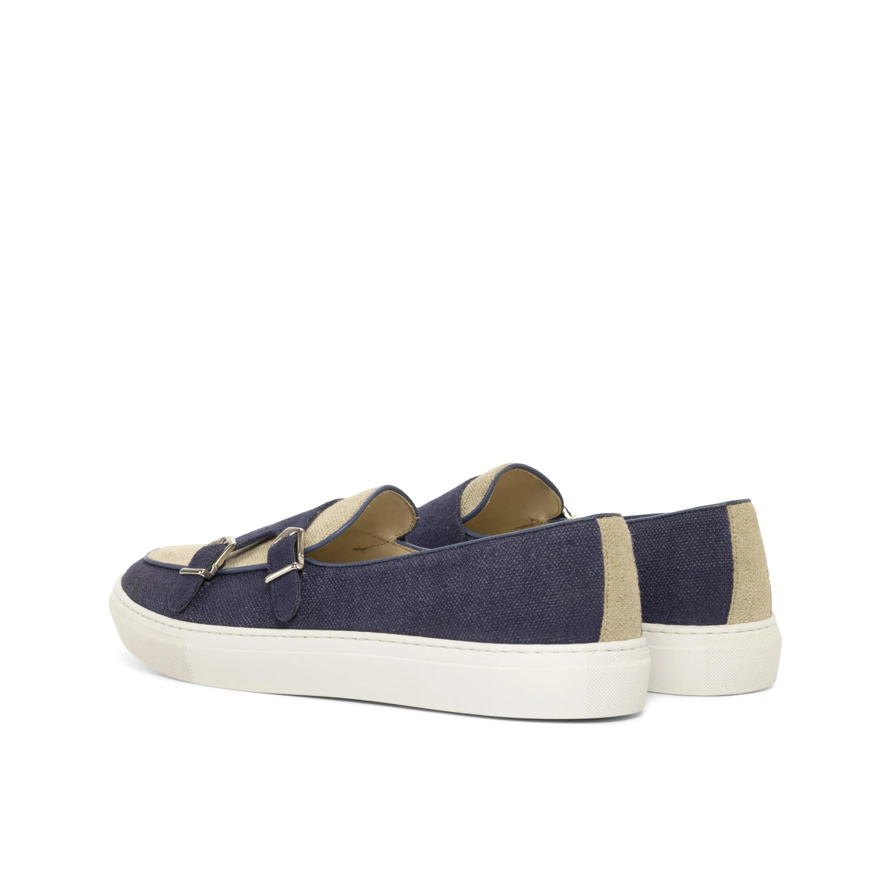 Navy and beige Fridays monk sneaker featuring stylish monk strap design