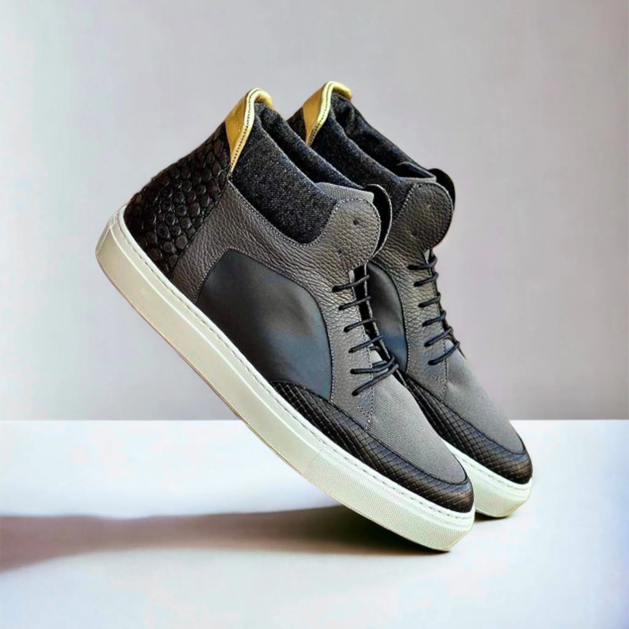 Gray and black Gaiteglide High Top Sneakers made of calf leather, luxury bespoke shoes for men