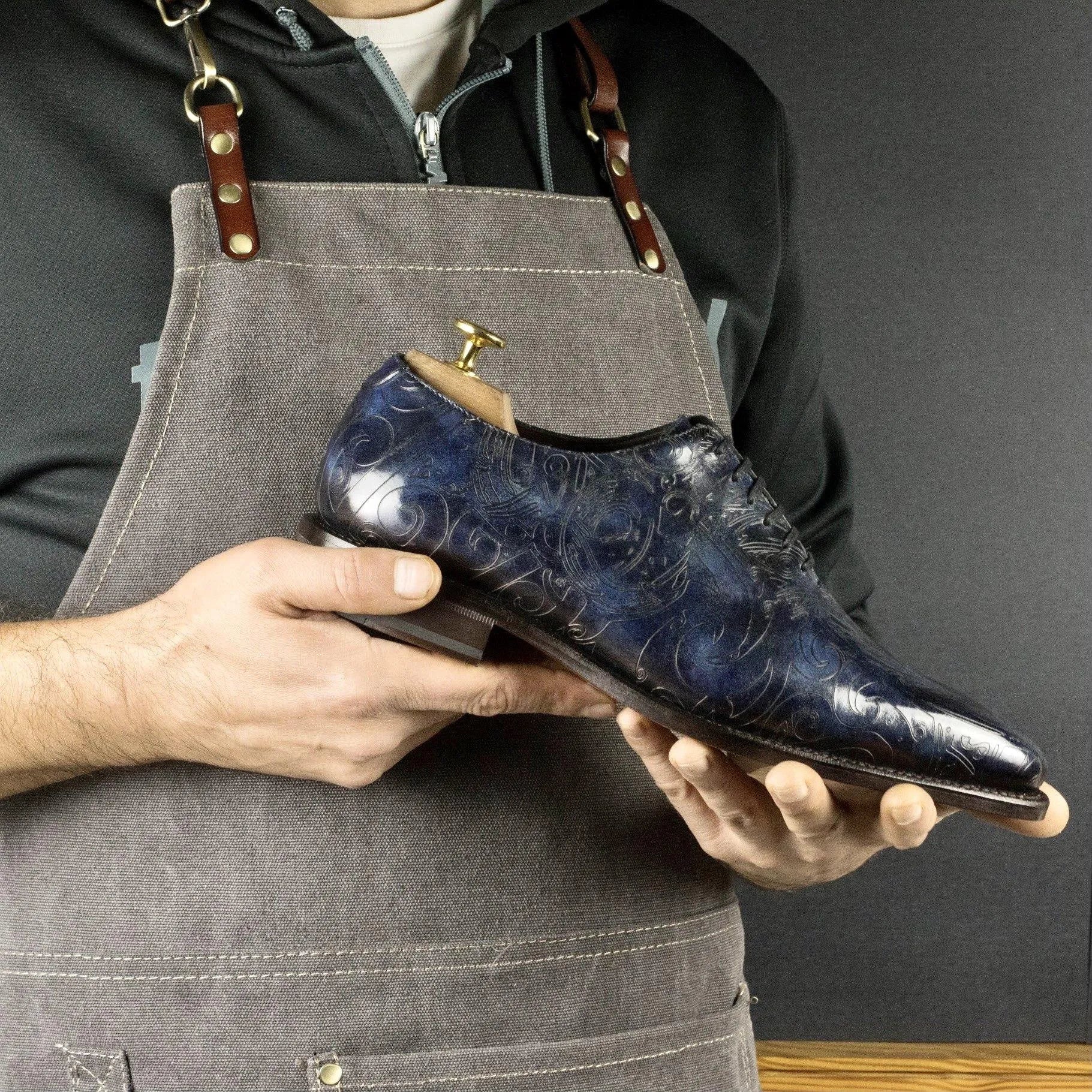 Blue patterned leather Galaxia Ocean Patina Wholecut dress shoe for stylish elegance