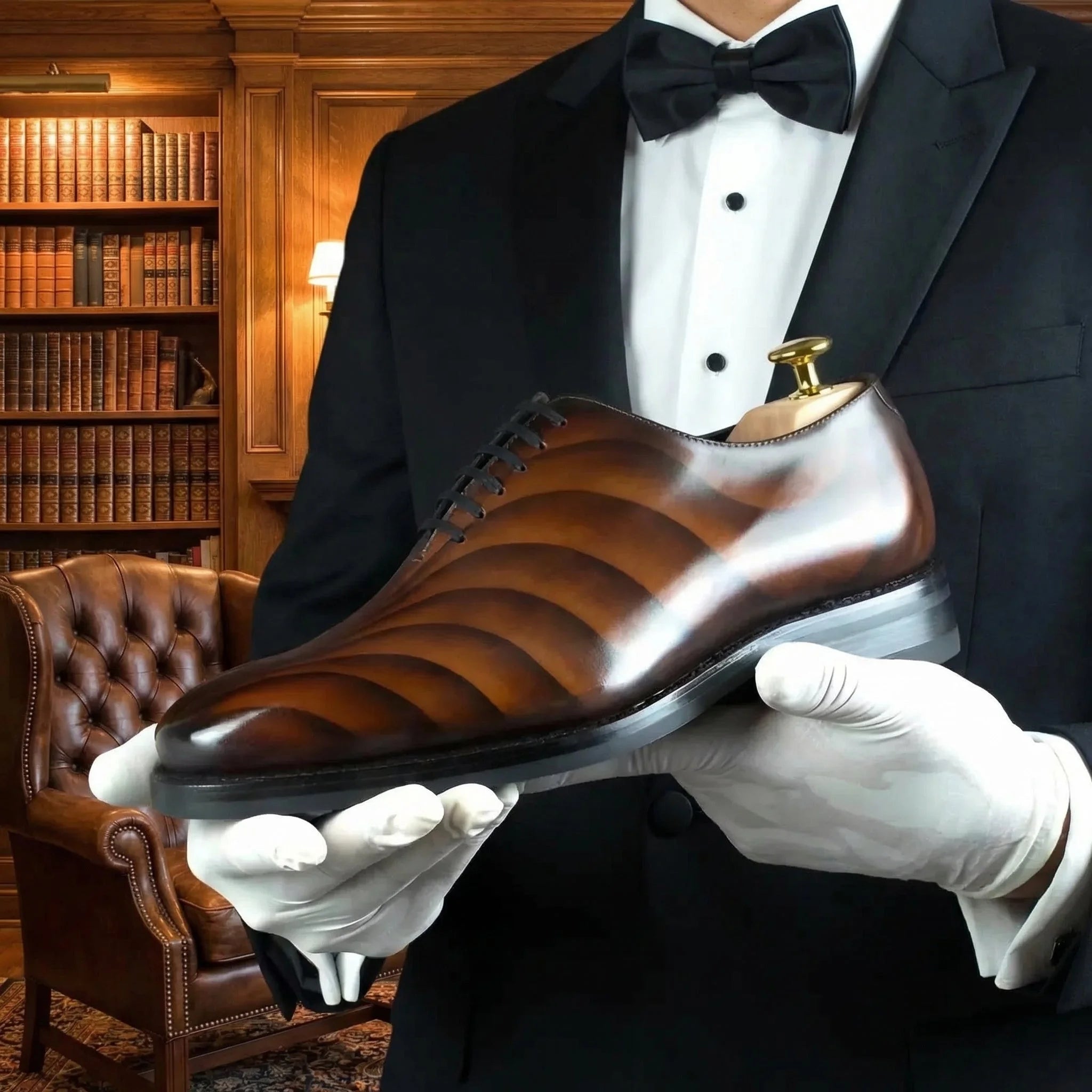 Polished brown leather oxford shoe with subtle wave pattern and gold heel counter galvarino patina wholecut ii