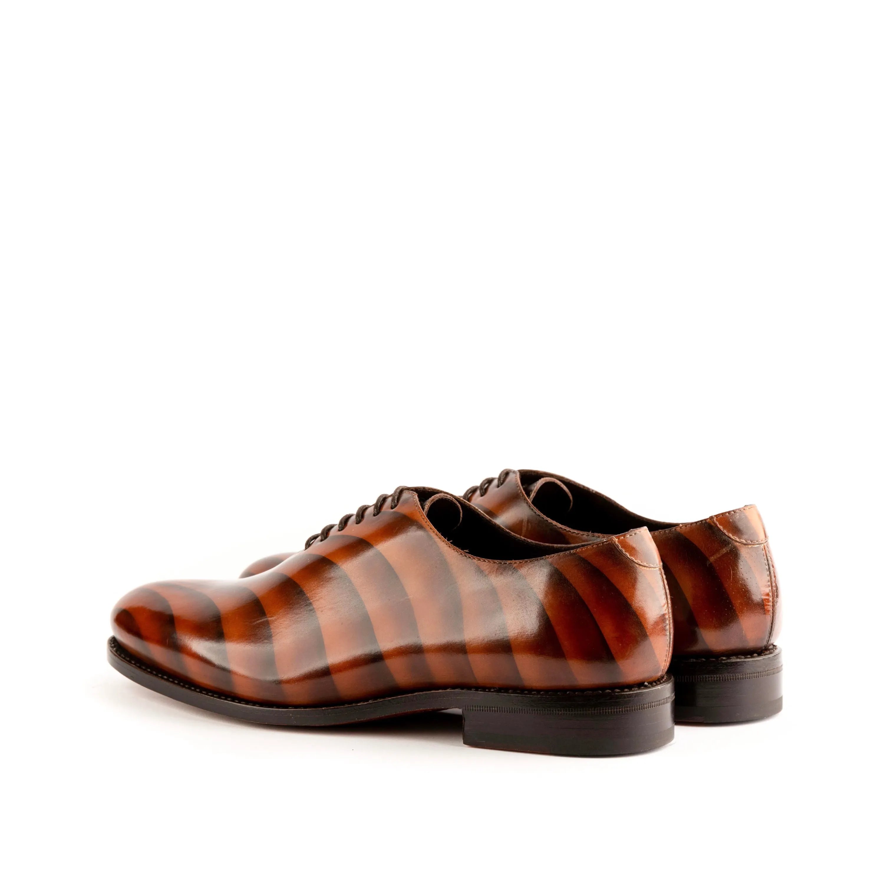 Striped brown leather dress shoes, Galvarino Patina Wholecut II, showcasing exquisite craftsmanship