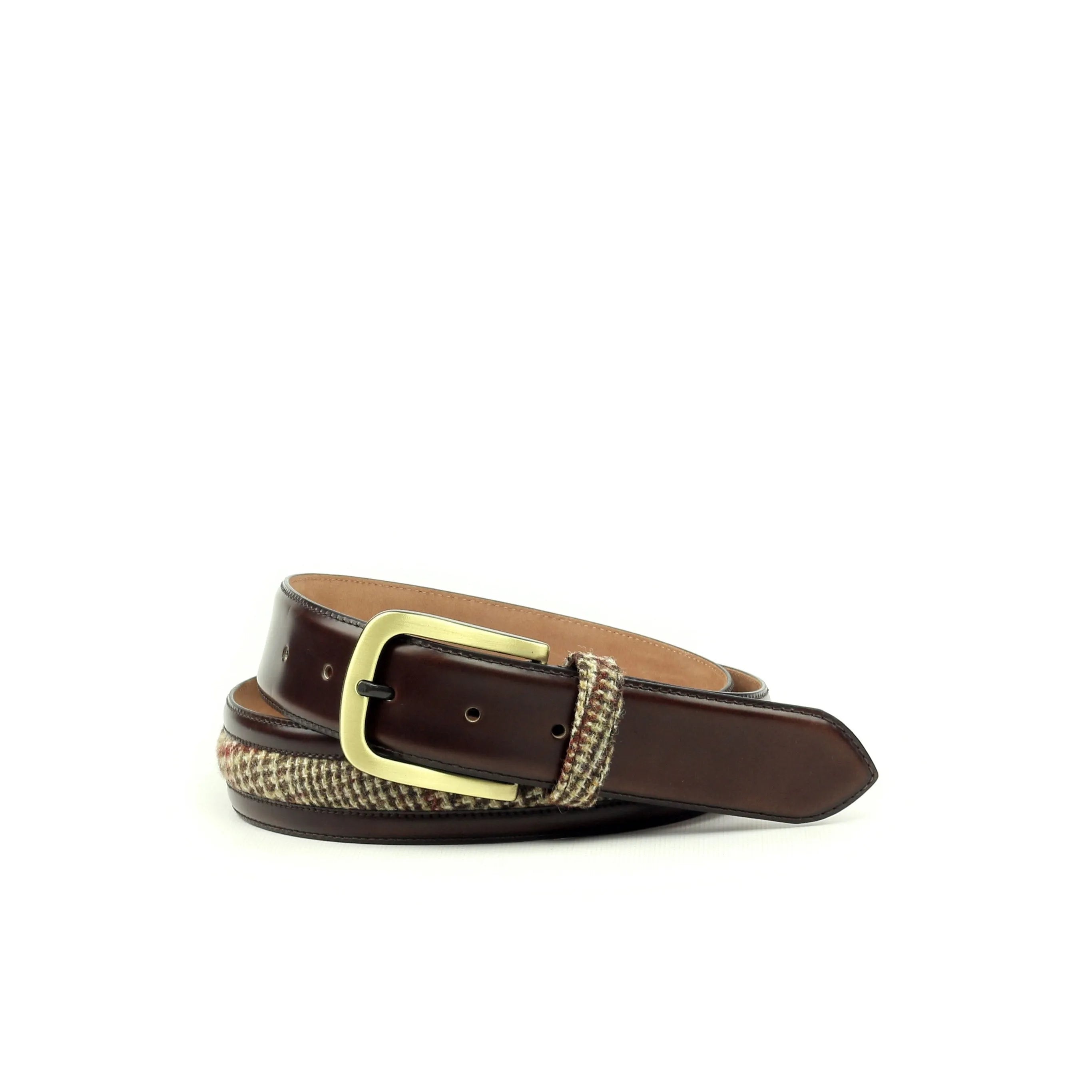 Brown leather and tweed Gano Venice Belt, ideal for pairing with trainer sneakers