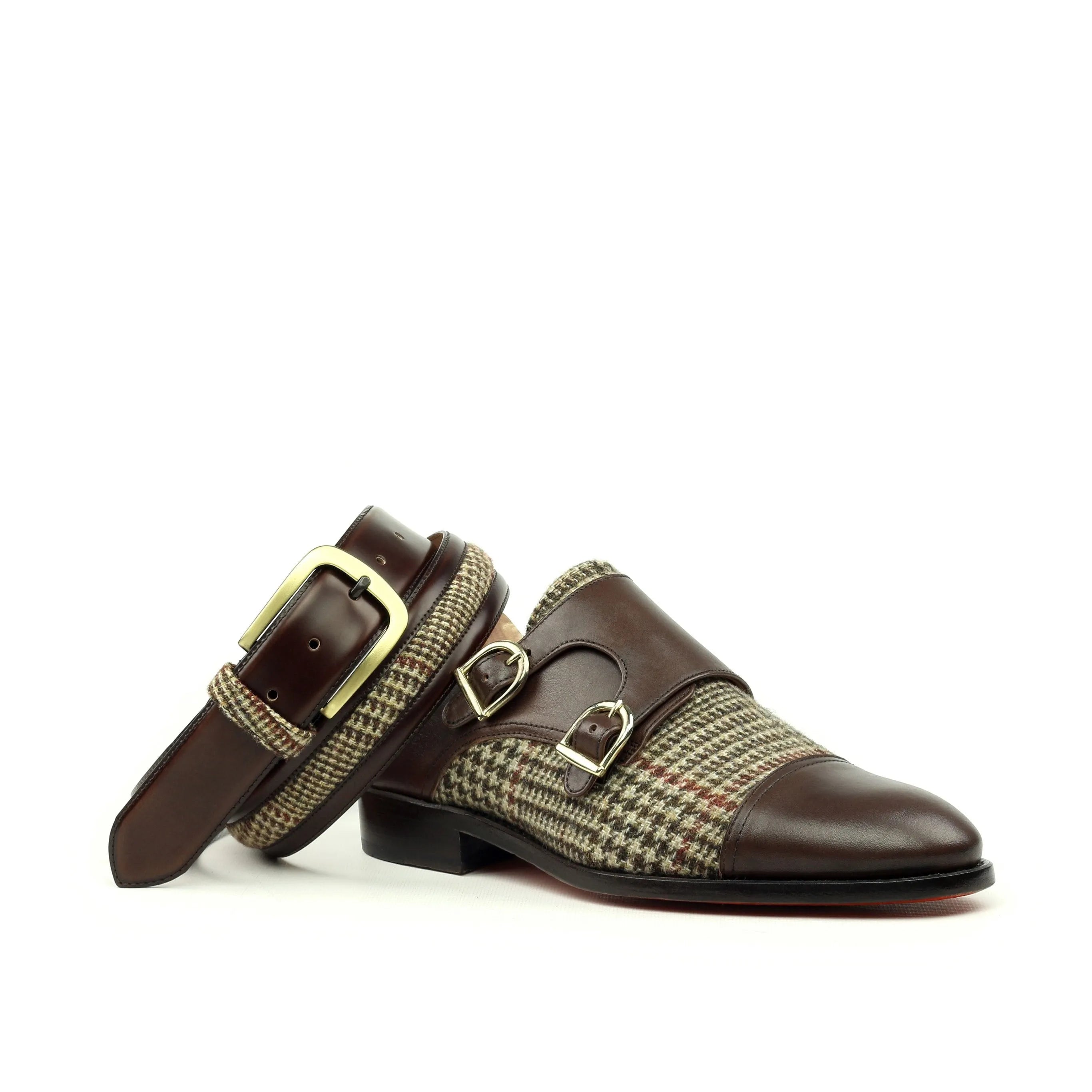 Brown leather and tweed monk strap shoe paired with Gano Venice Belt for a stylish look