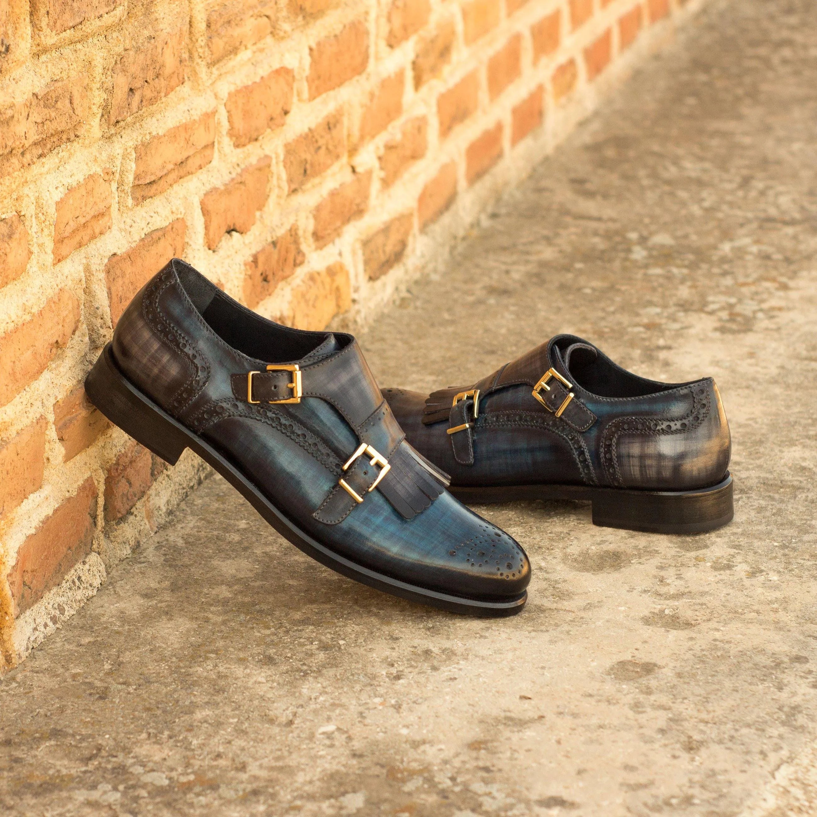 Blue leather double monk strap shoes from Gawain Kiltie Womens featuring crust patina