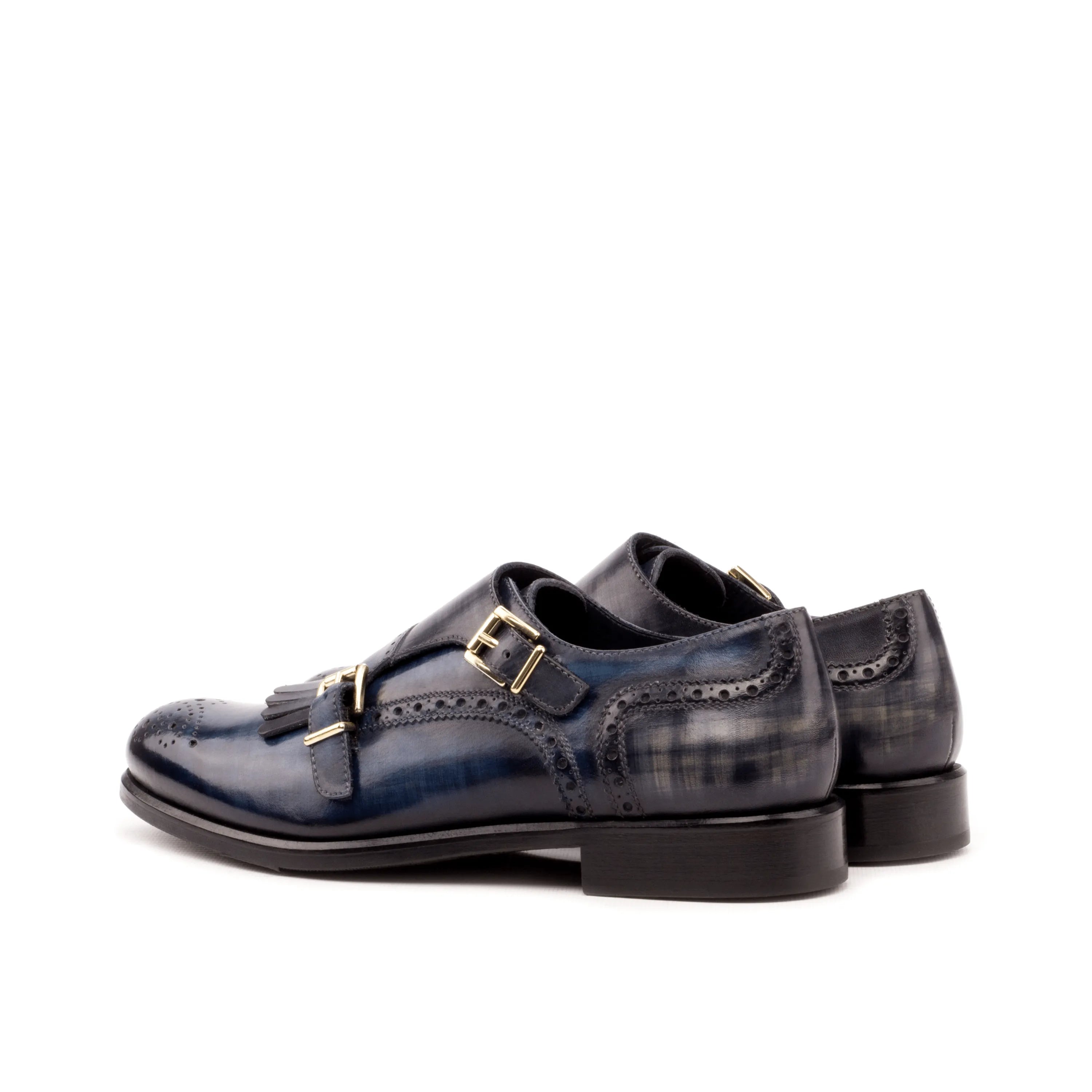 Pair of blue leather monk strap shoes from Gawain Kiltie Womens collection in crust patina
