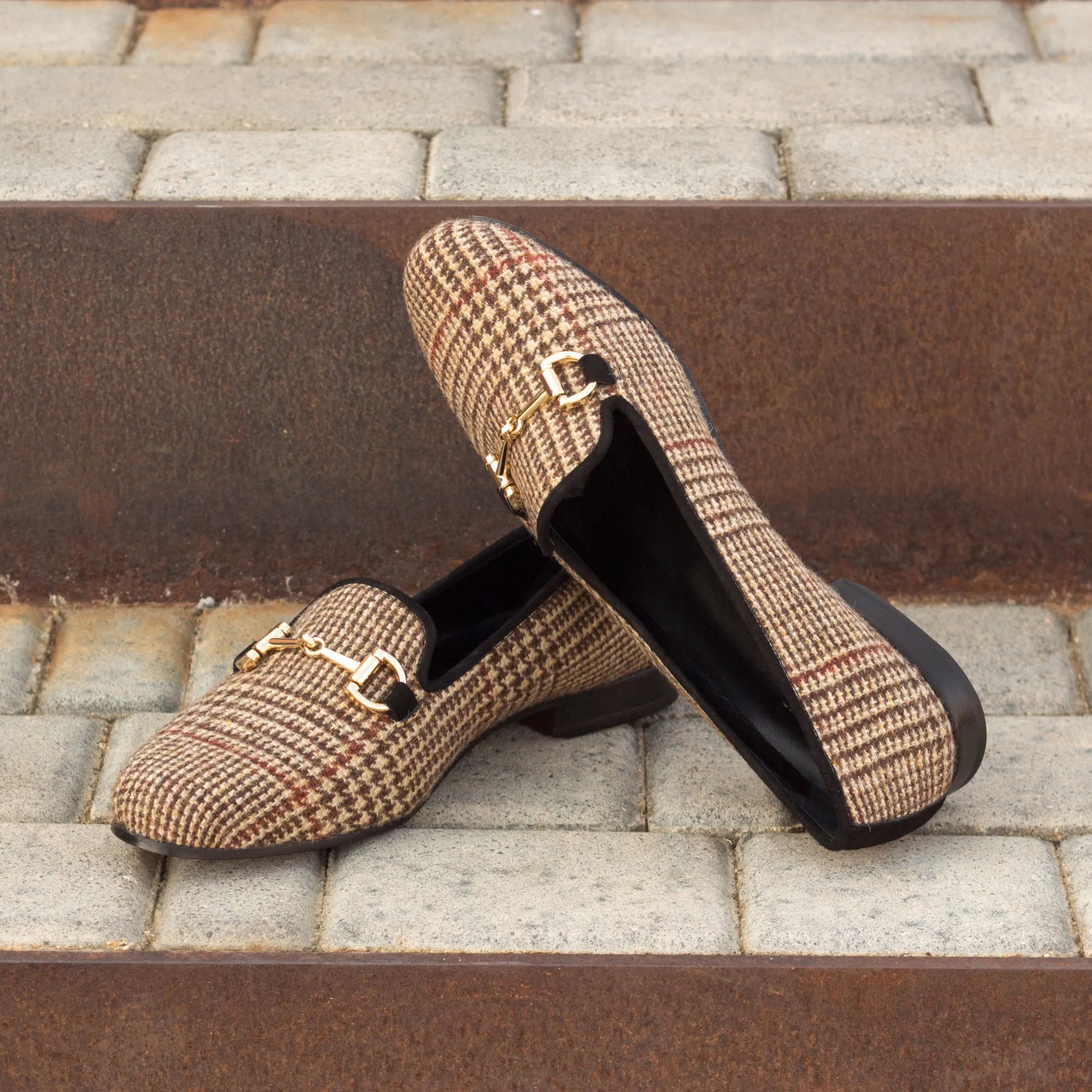 Tweed patterned loafers with gold hardware from Georgia Rose Ladies slipon collection