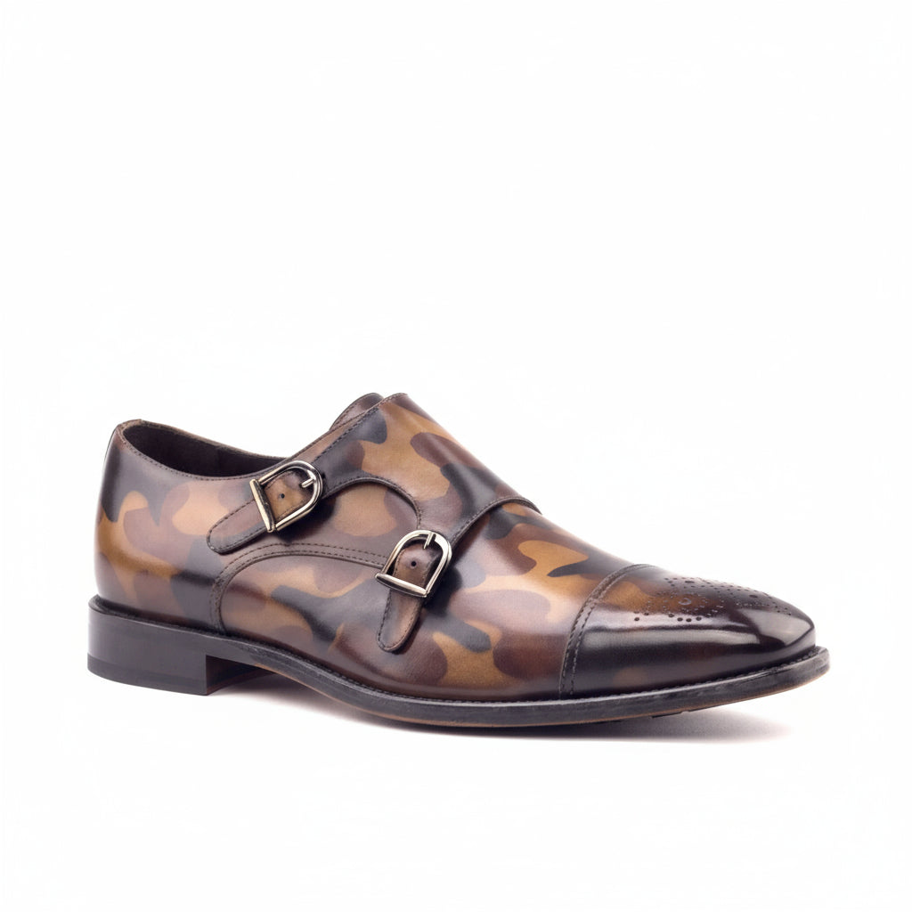 Camo-patterned leather double monk patina shoe from the GI Double Monk Patina collection