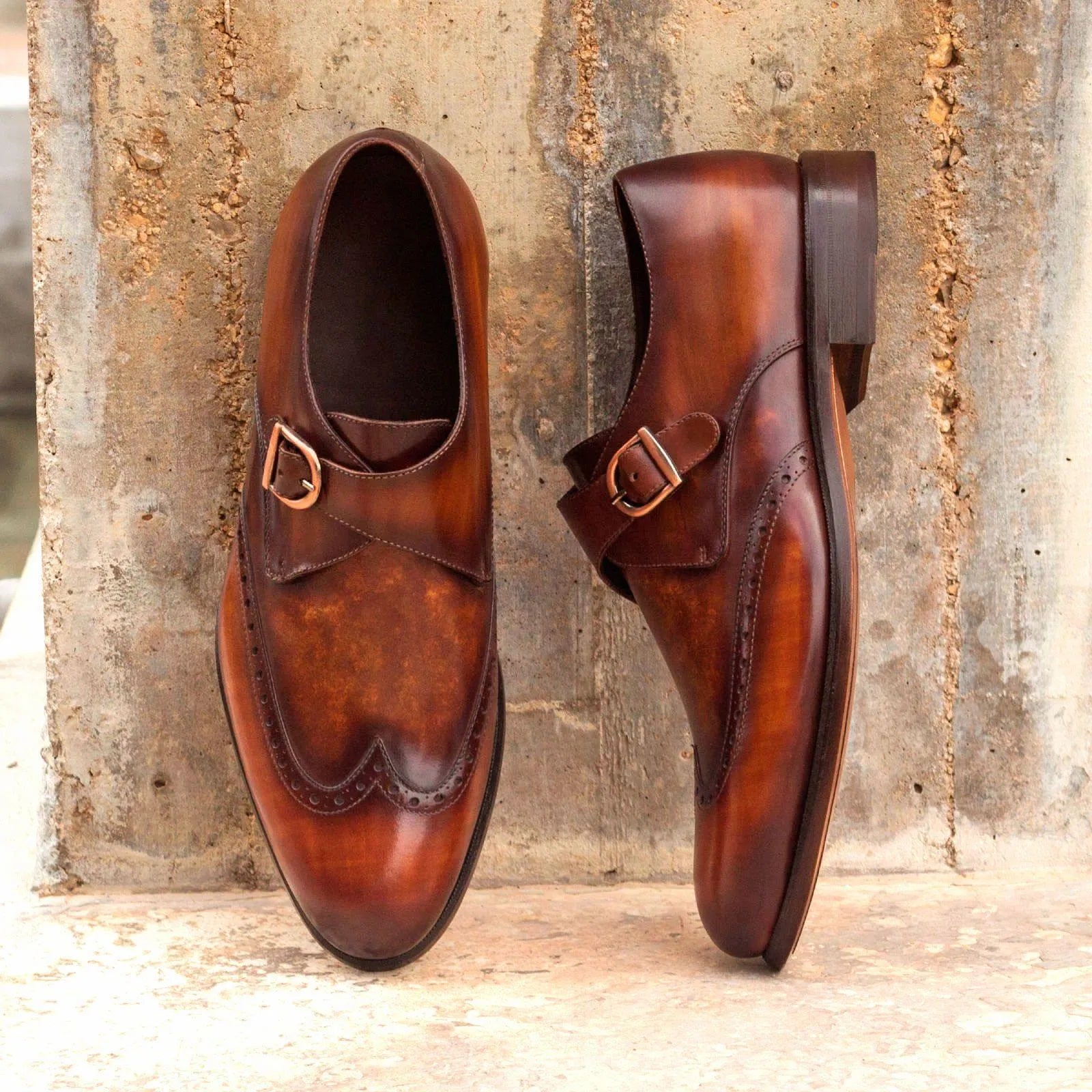 Brown leather Givio Single Monk Patina Shoes featuring elegant monk strap design