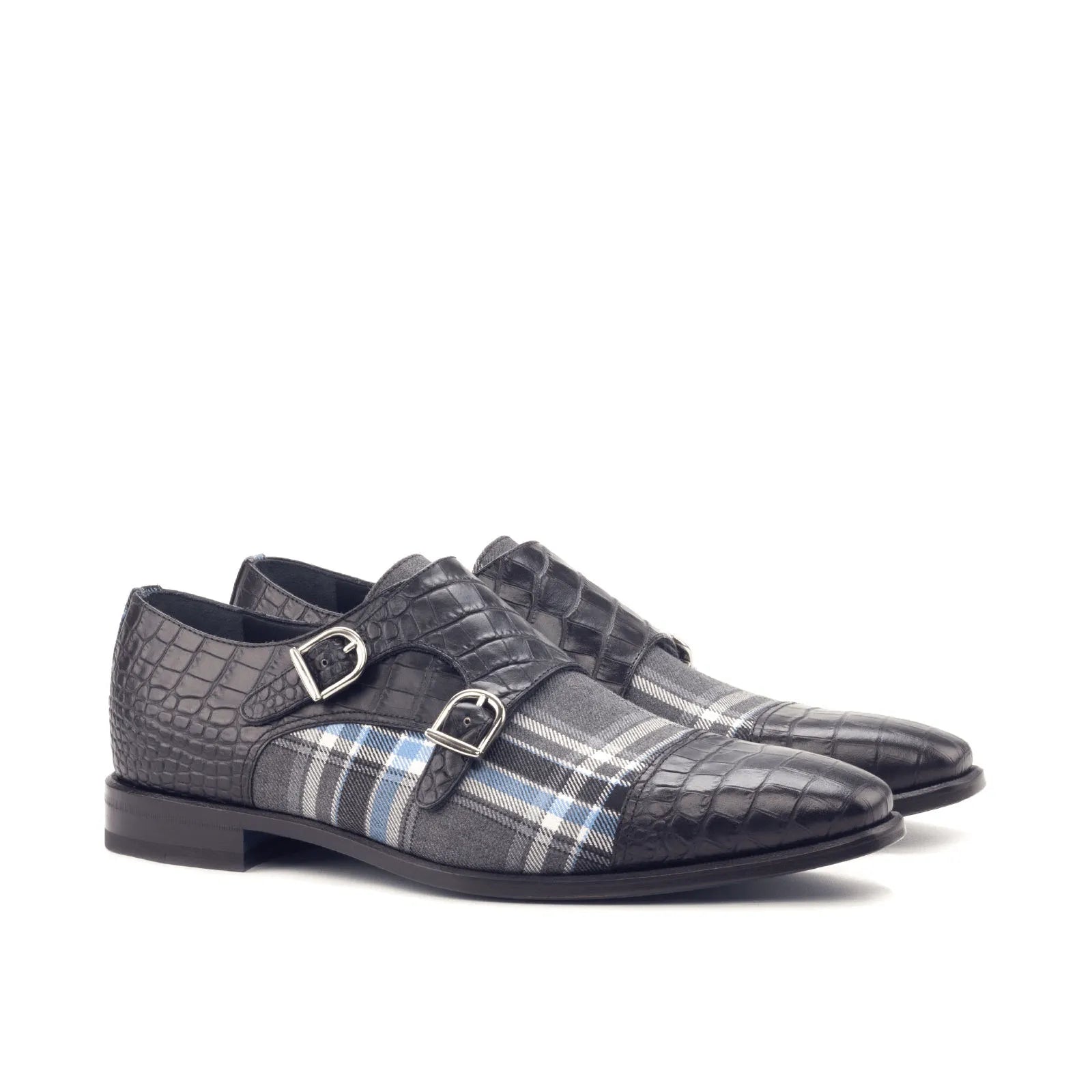 Men’s plaid and crocodile monk strap shoes from Glimco Double Monk collection
