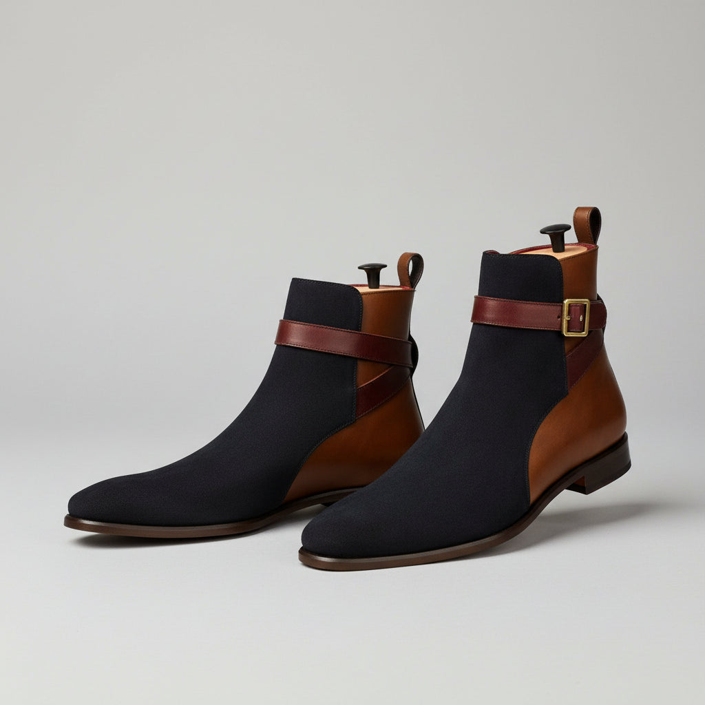 Two-toned leather and fabric ankle boots, featuring Godio Jodhpur Boots design