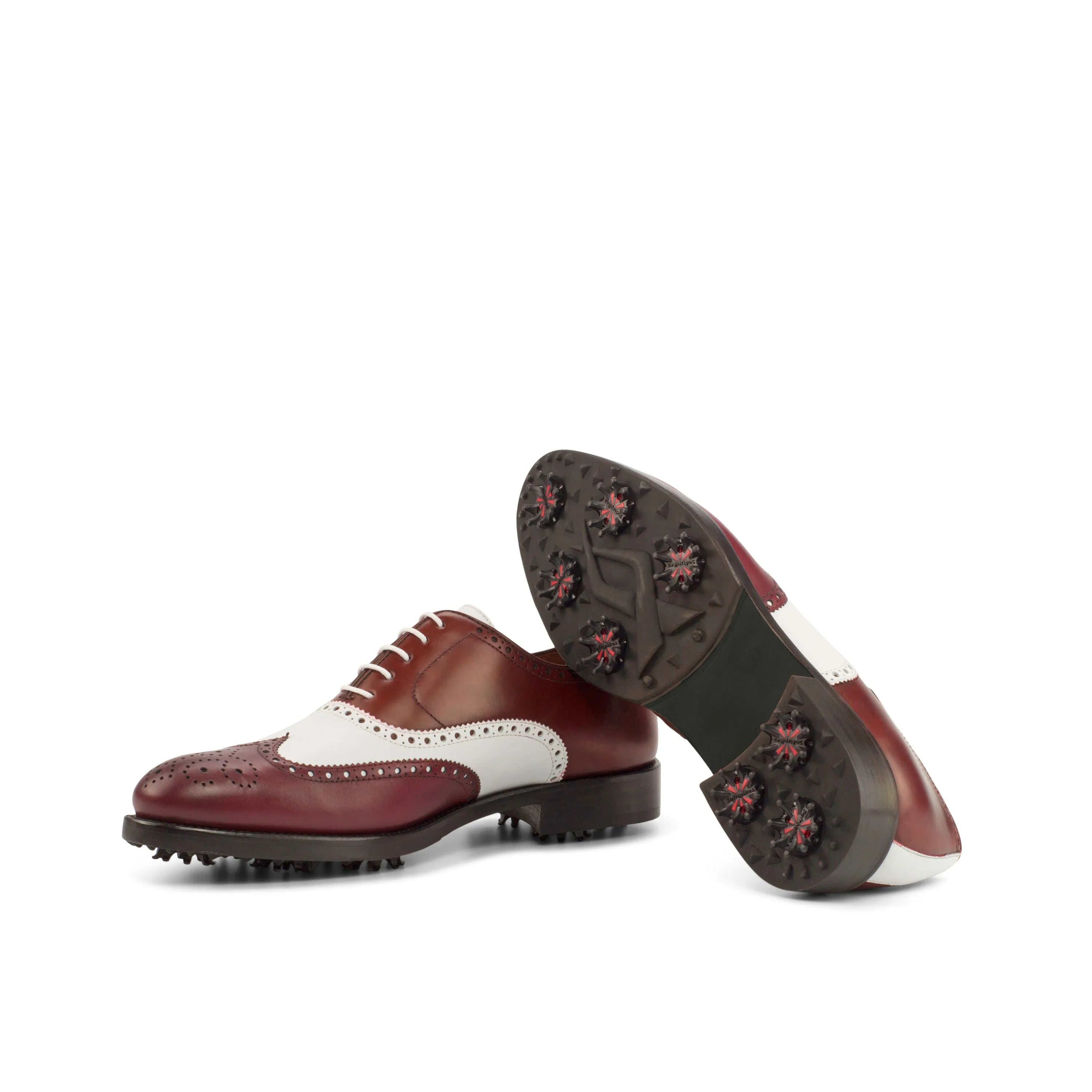 Burgundy and white GoLong Full Brogue Golf Shoes II for stylish on-course performance