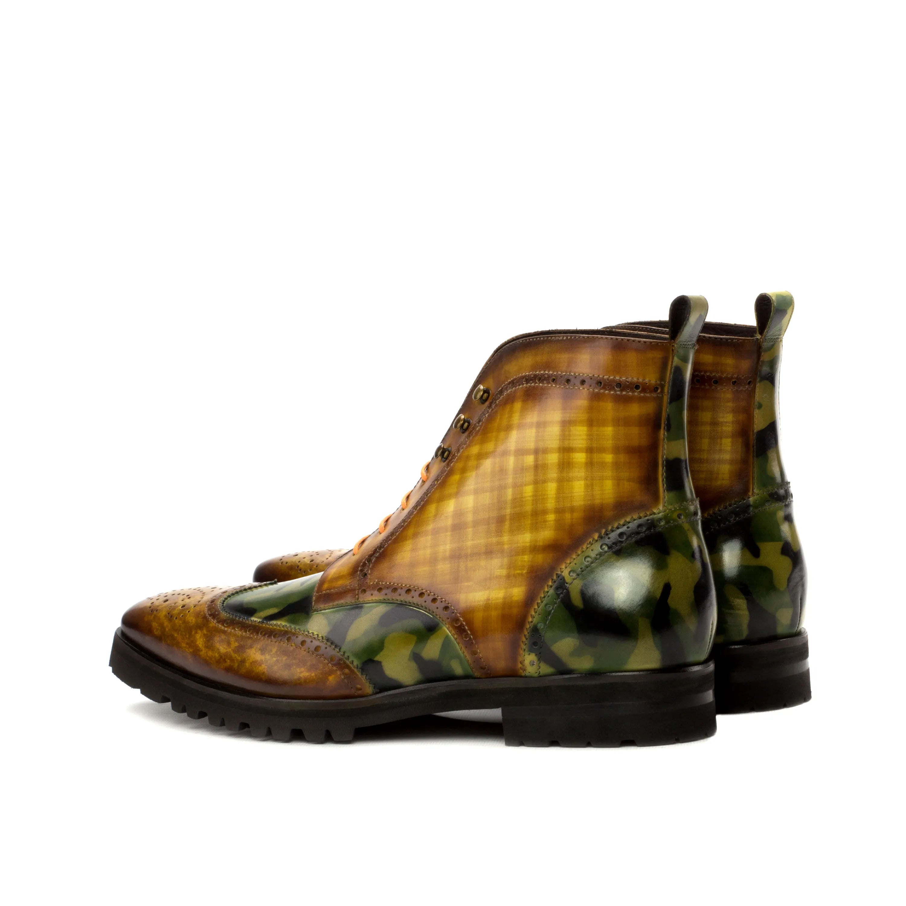 Camouflage and plaid leather boots, part of Goodlife Military Brogue collection