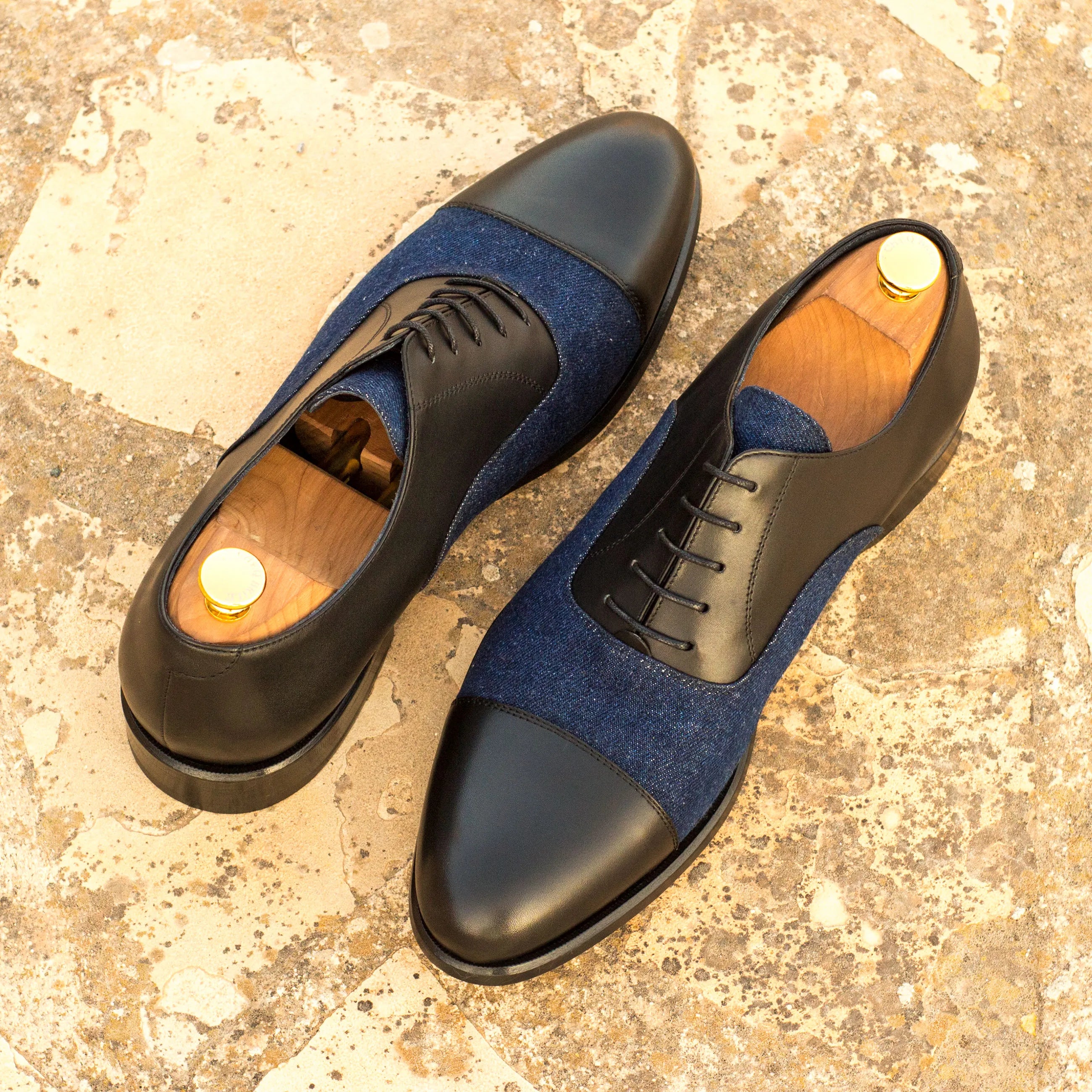 Two-tone leather and denim Greg Oxford shoes for stylish formal attire