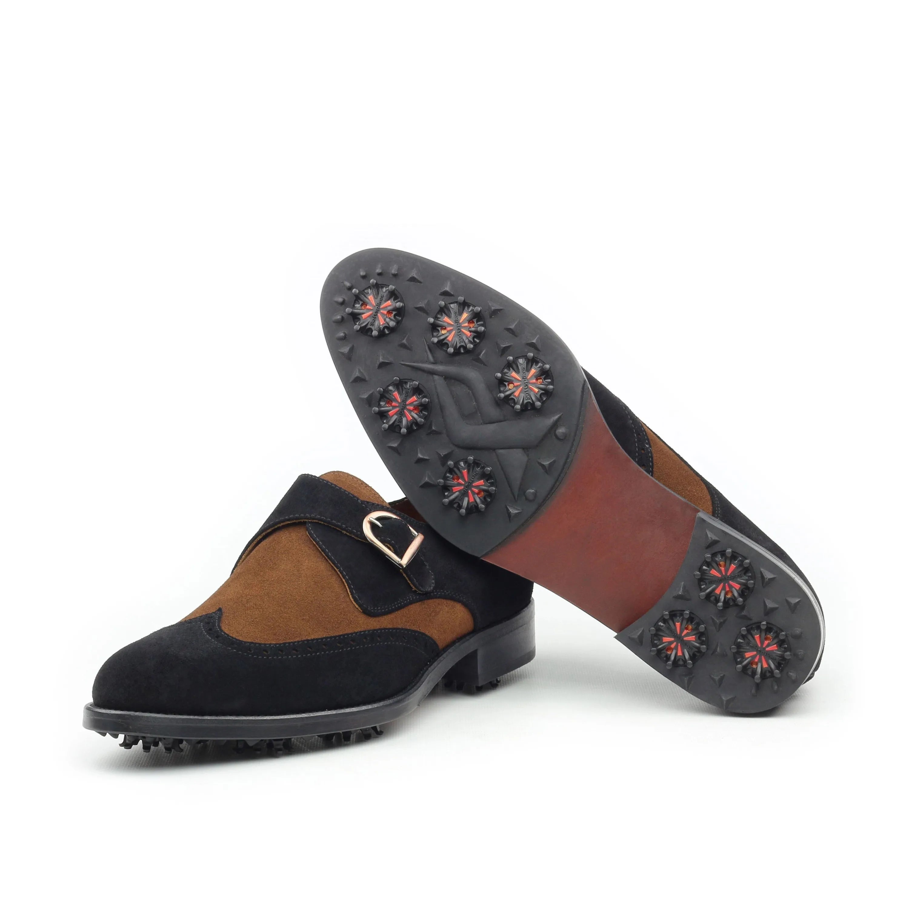 Two-tone Hagen Single Monk Golf Shoes featuring a spiked sole and lux suede material