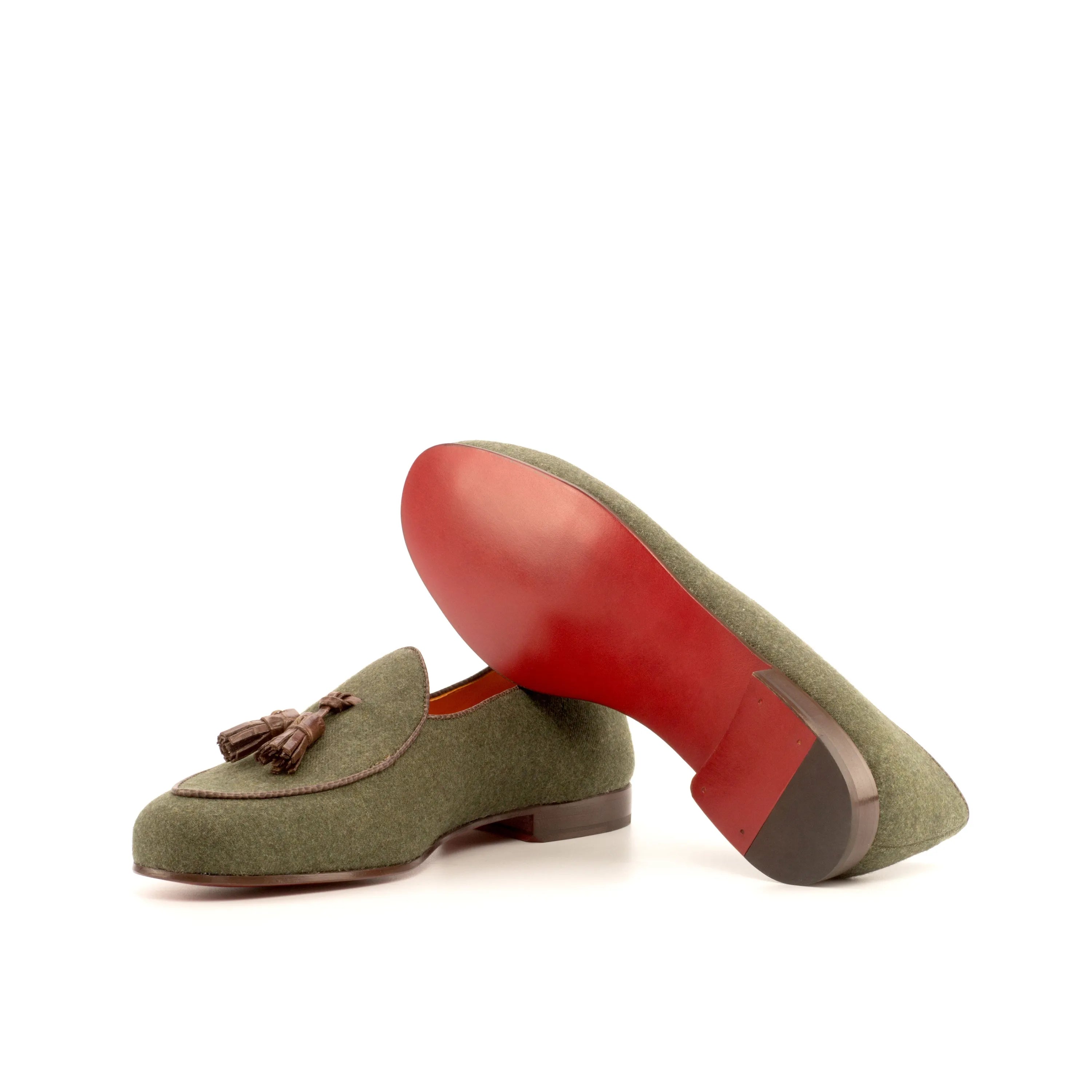 Olive green suede Hajjar Belgian Slipper with red soles and stylish tassel details
