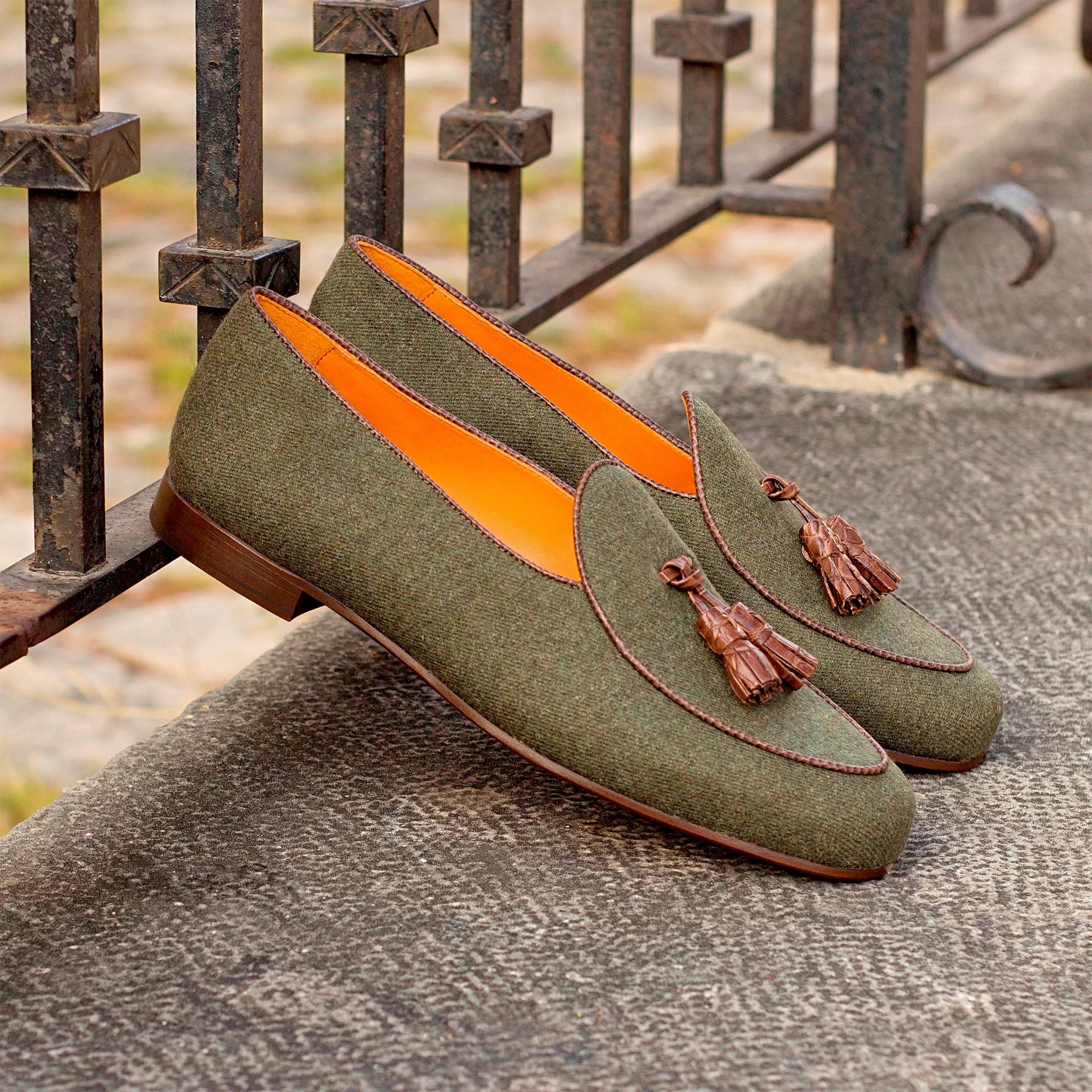 Olive green tassel loafers styled as Hajjar Belgian Slipper for elegant footwear