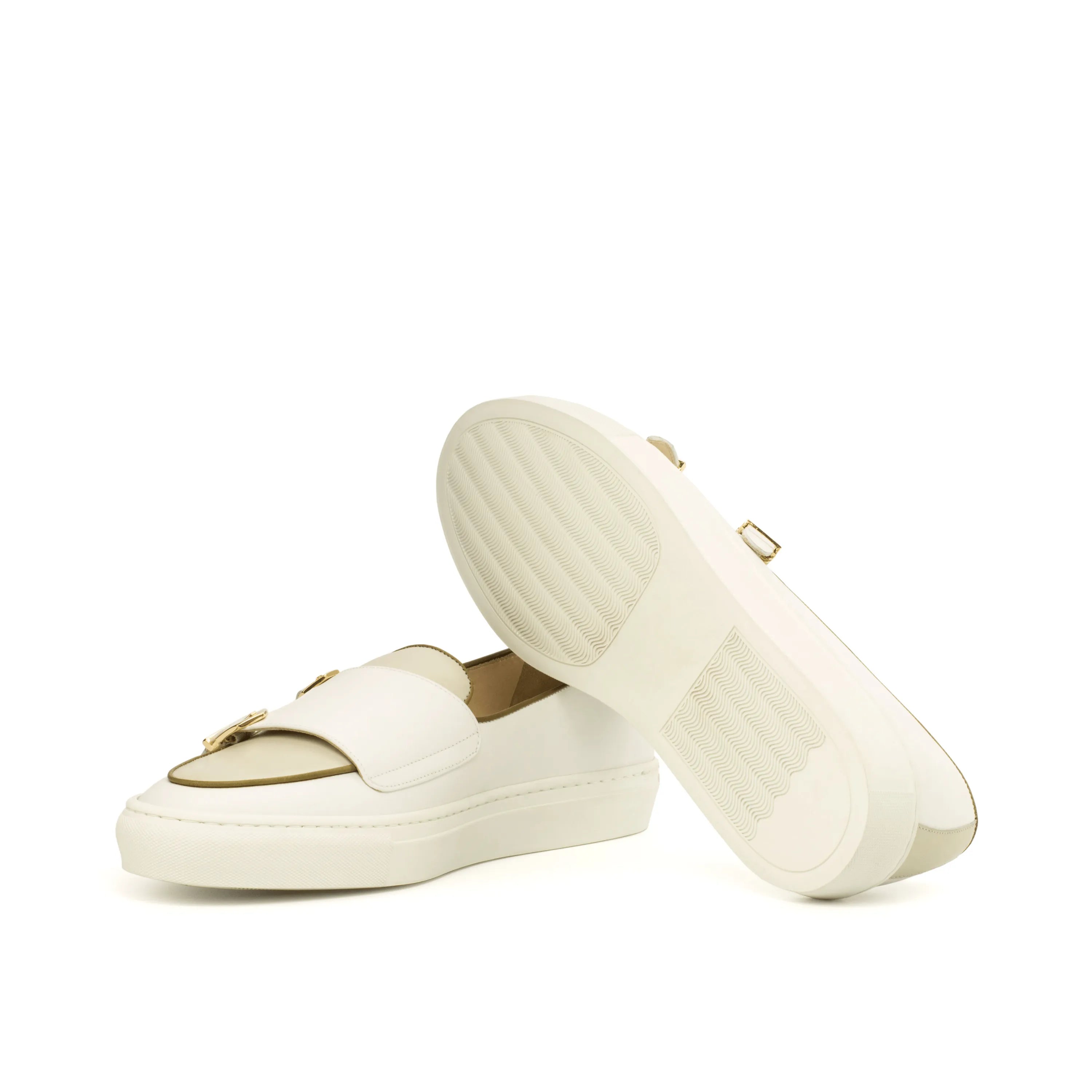 Pair of white leather Hakim Monk Sneakers featuring double monk straps and painted calf material