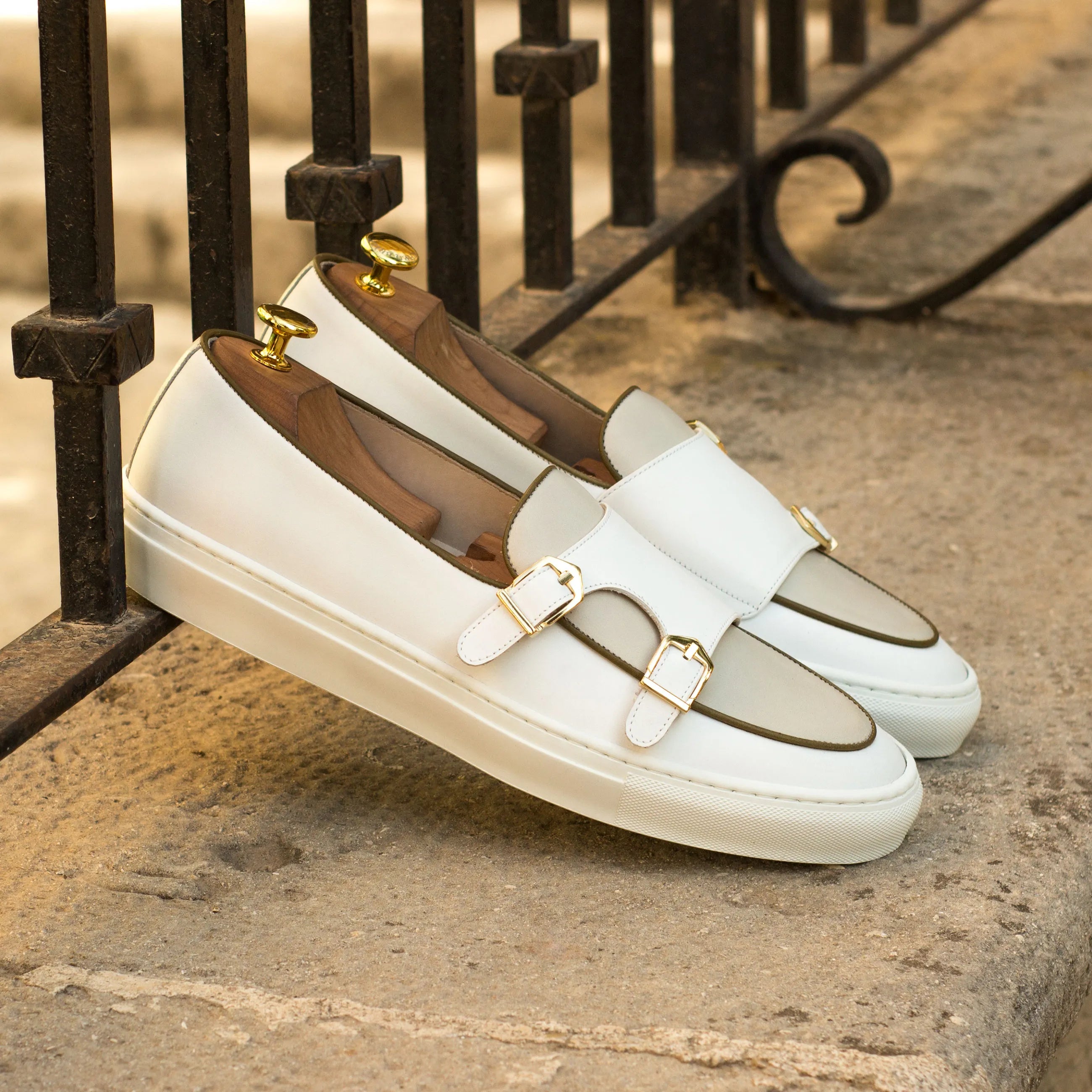 White leather Hakim monk sneaker featuring a double monk strap design in painted calf
