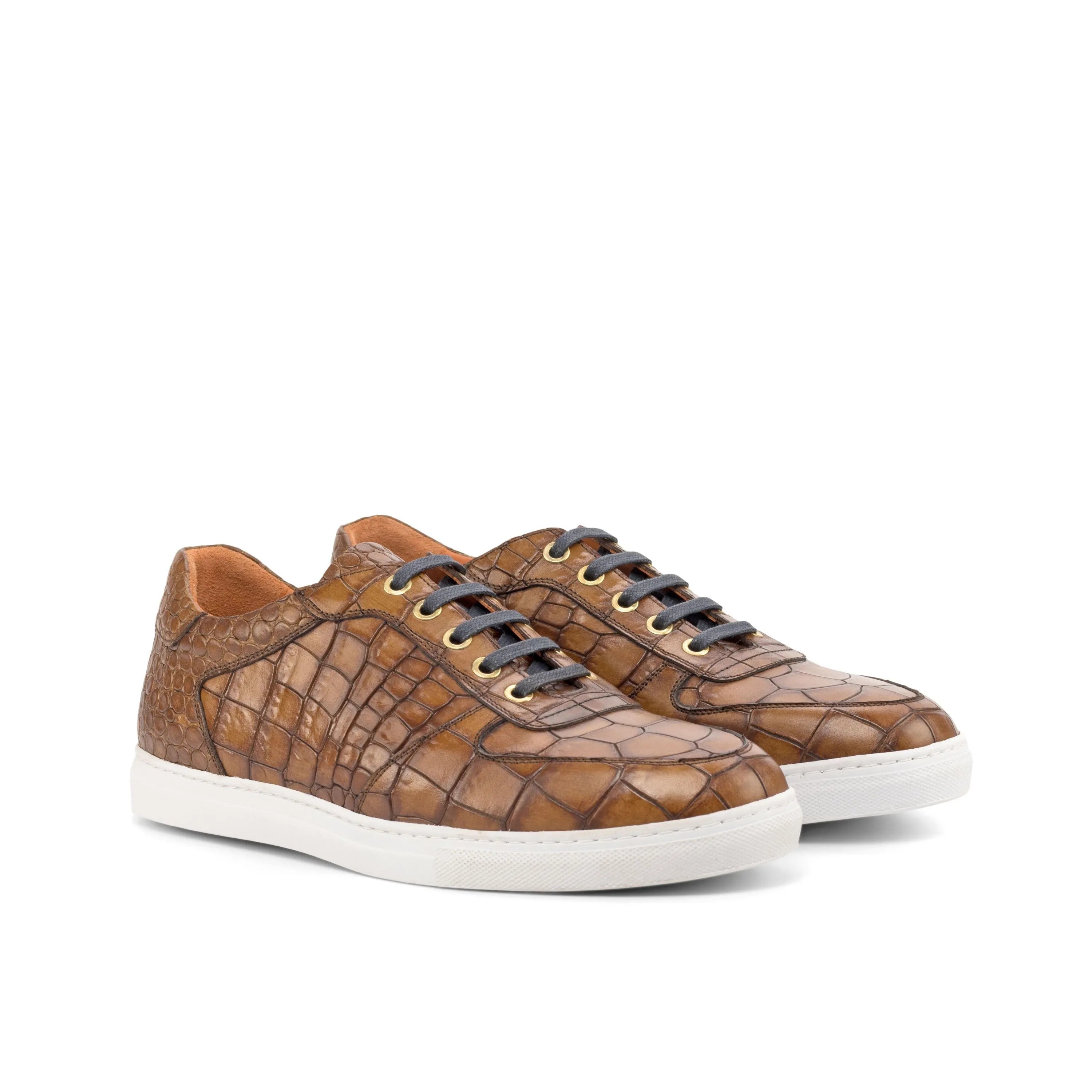 Brown crocodile-patterned leather Hamalaya Low Top Sneakers, luxury bespoke shoes for men