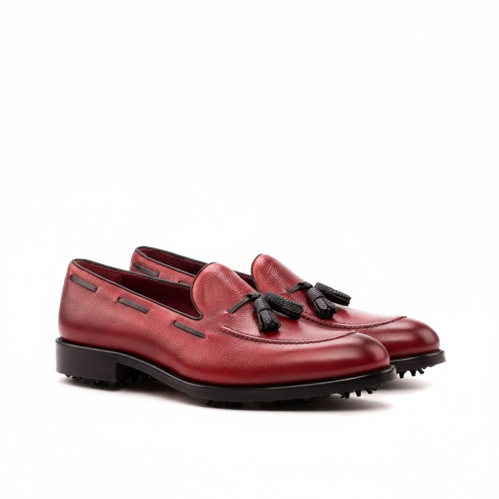 Burgundy leather tassel loafers featured in Harbor Loafer golf shoes collection