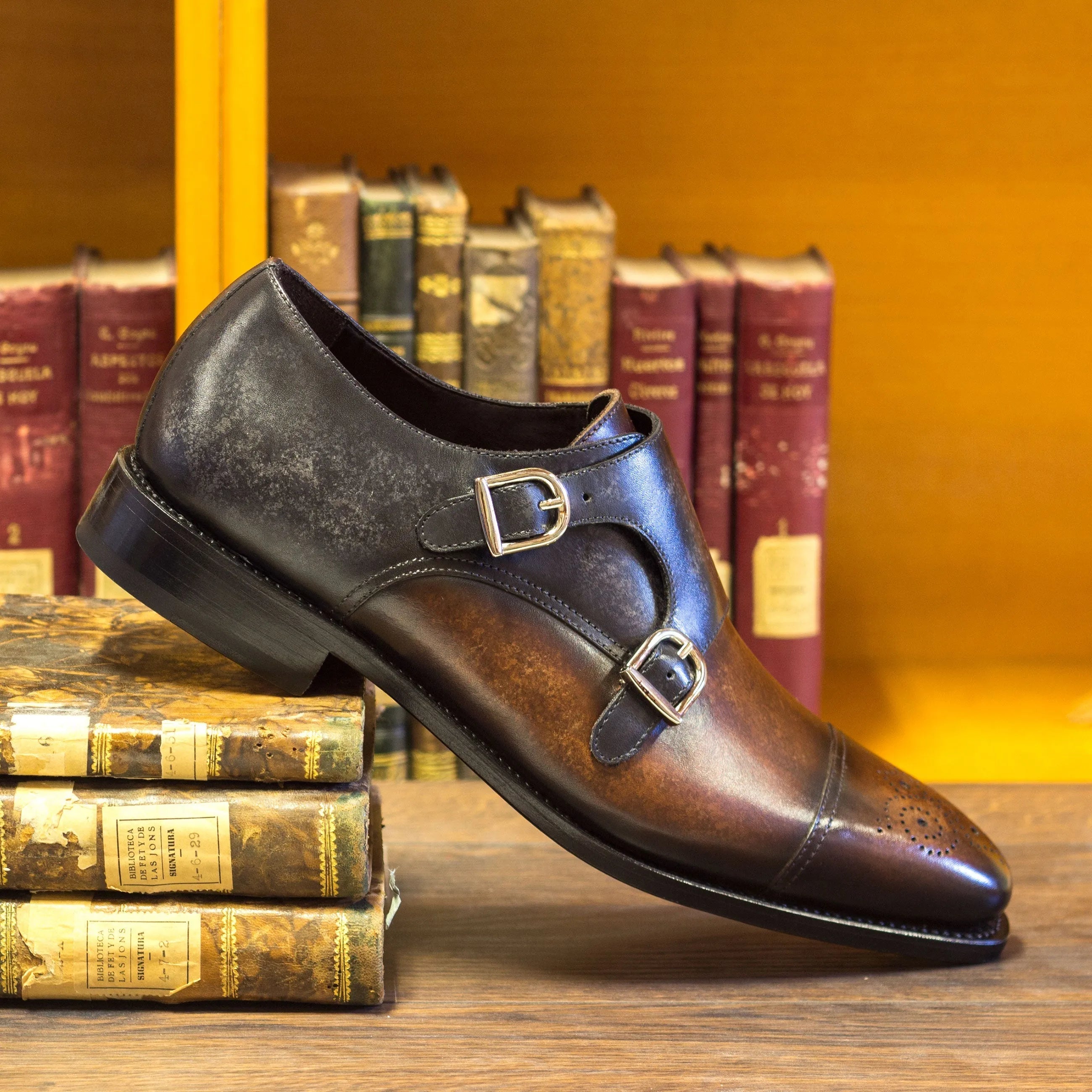 Brown leather Harvey Double Monk Patina shoe with double monk strap design