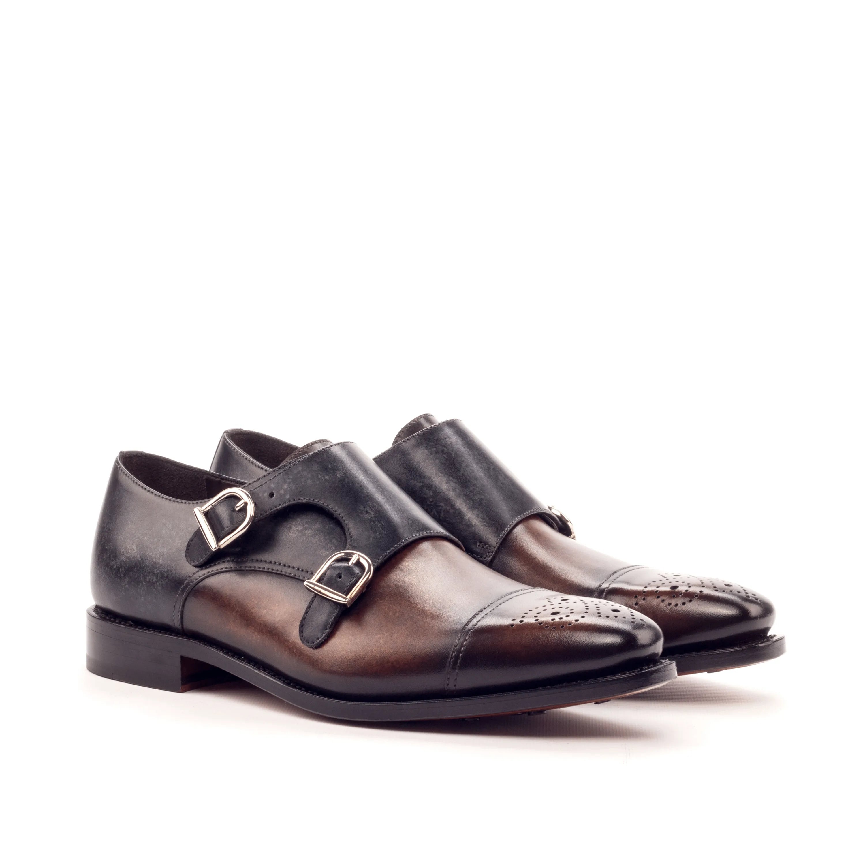 Pair of Harvey Double Monk Patina leather shoes showcasing refined crust patina