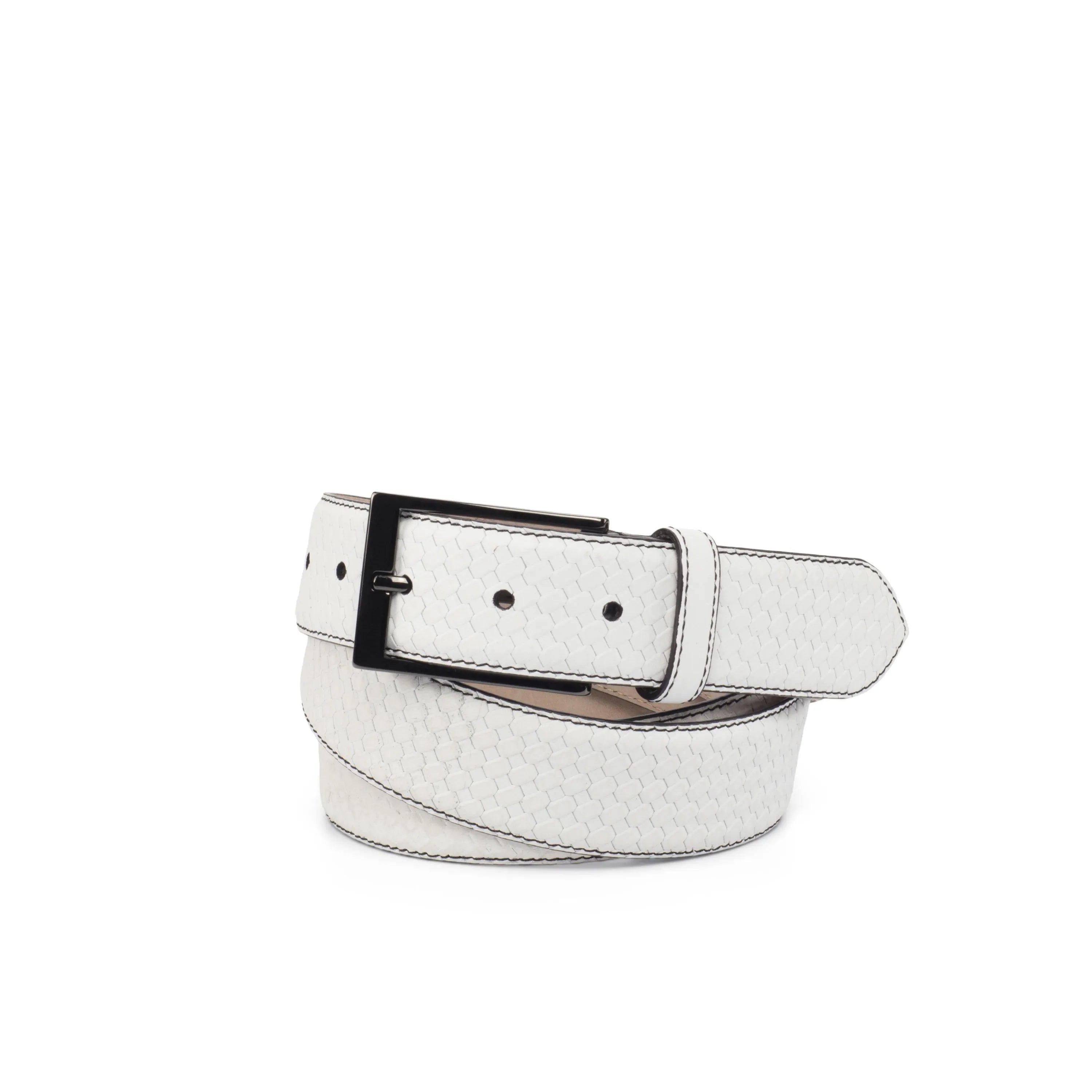 White snakeskin belt with black buckle, featured in the Havana Hamptons Belt collection