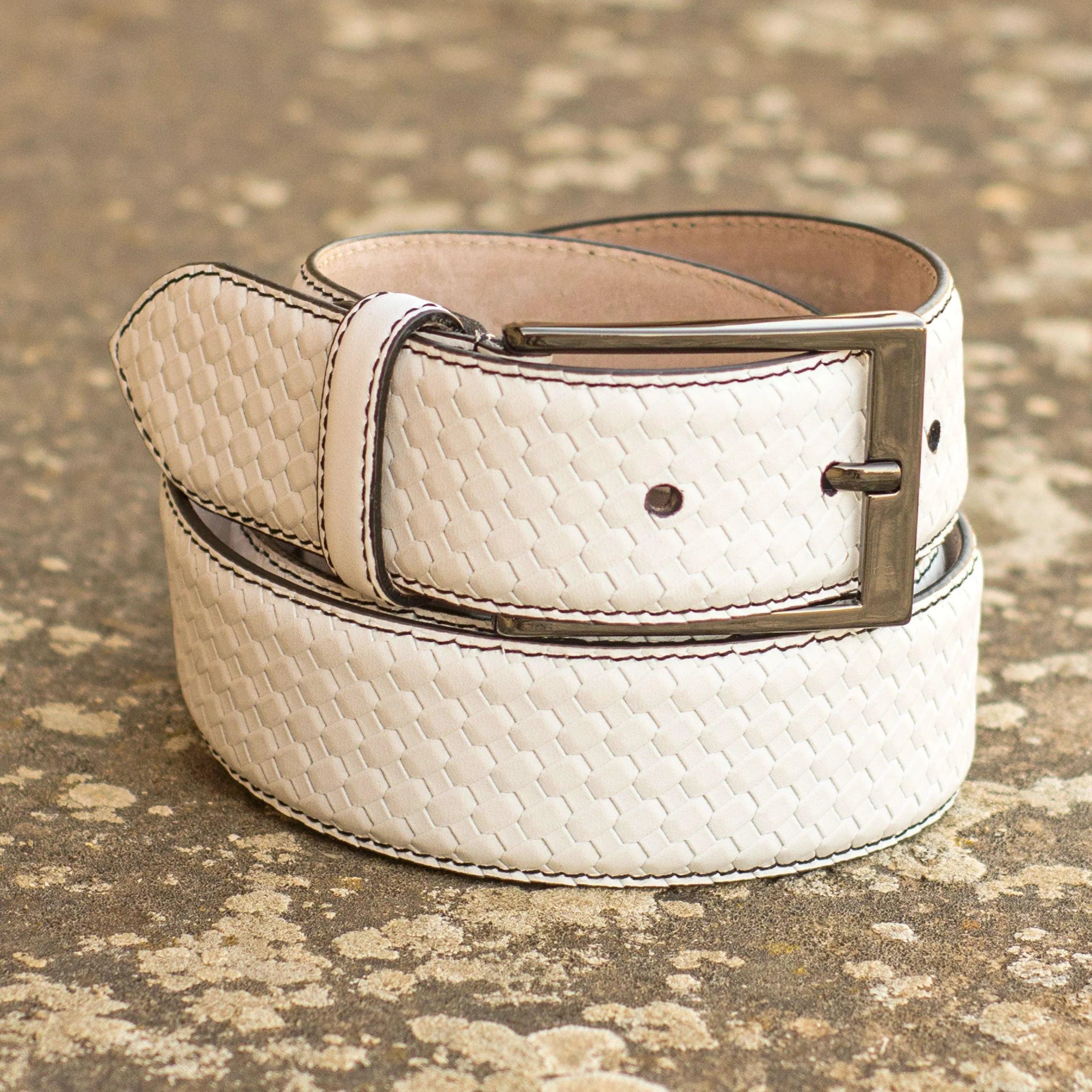 White woven leather belt showcasing the elegant Havana Hamptons Belt design