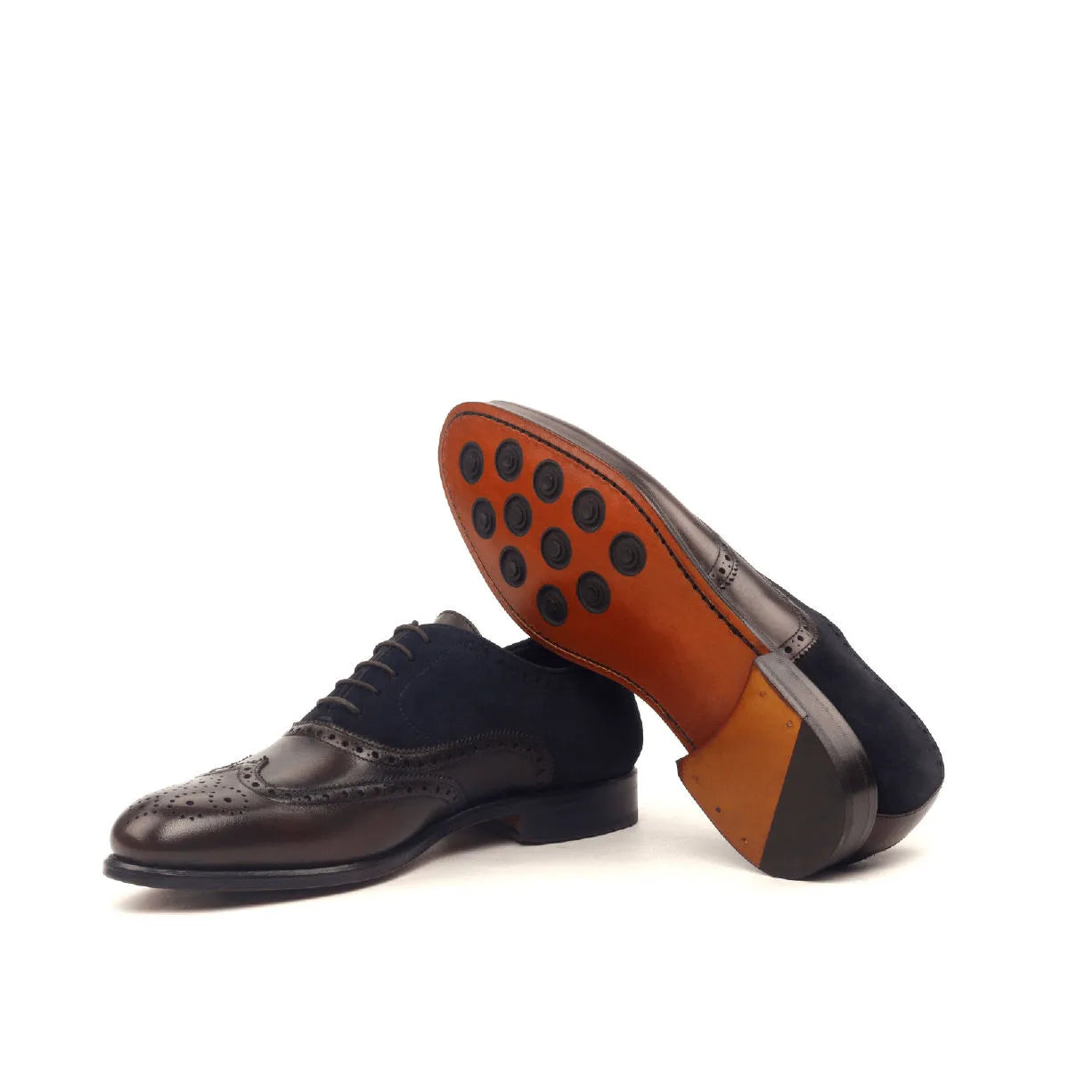 Brown leather and suede Honon Full Brogue Shoes showcasing elegant brogue patina