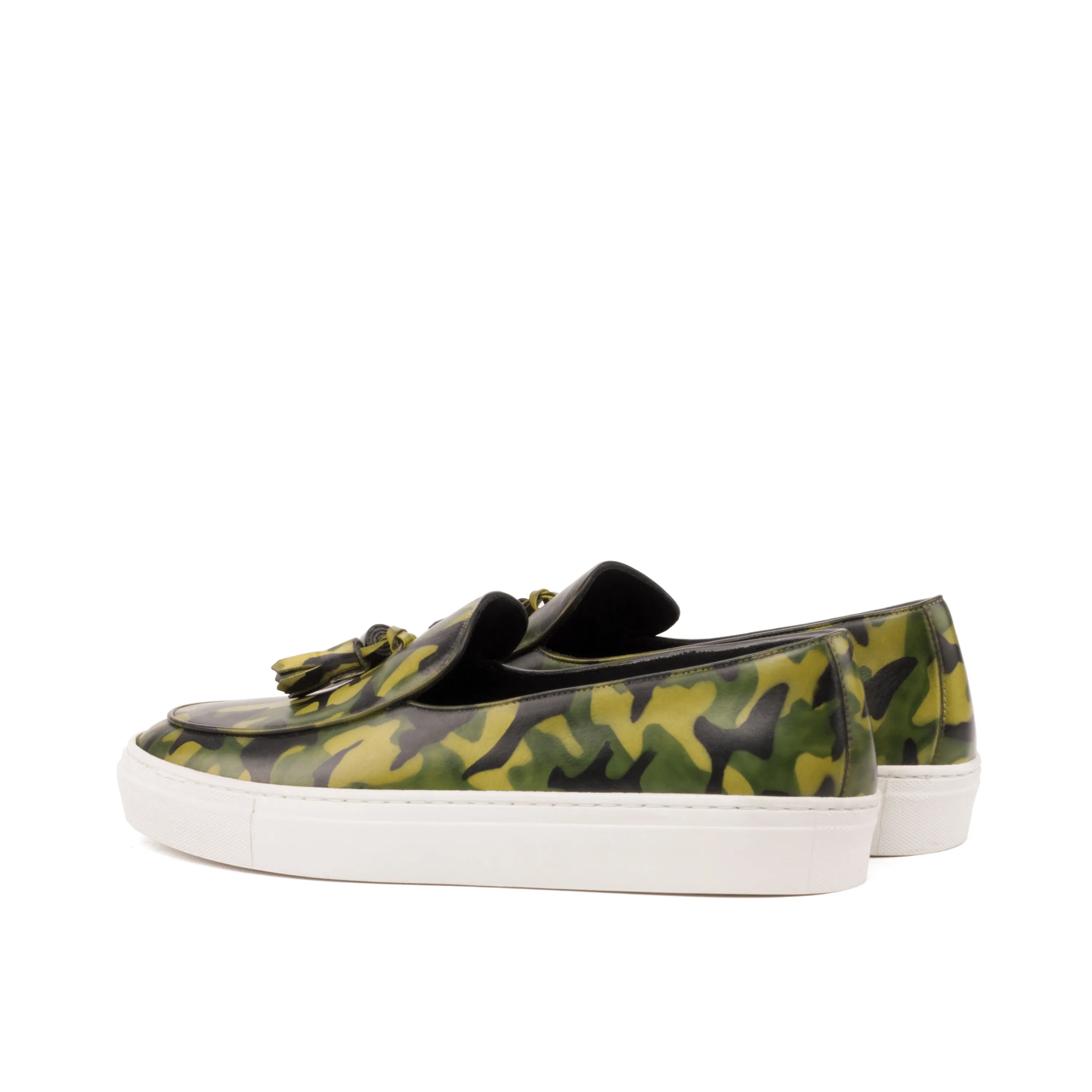 Camouflage print tassel loafers paired with the Hovo Patina Monk sneaker design