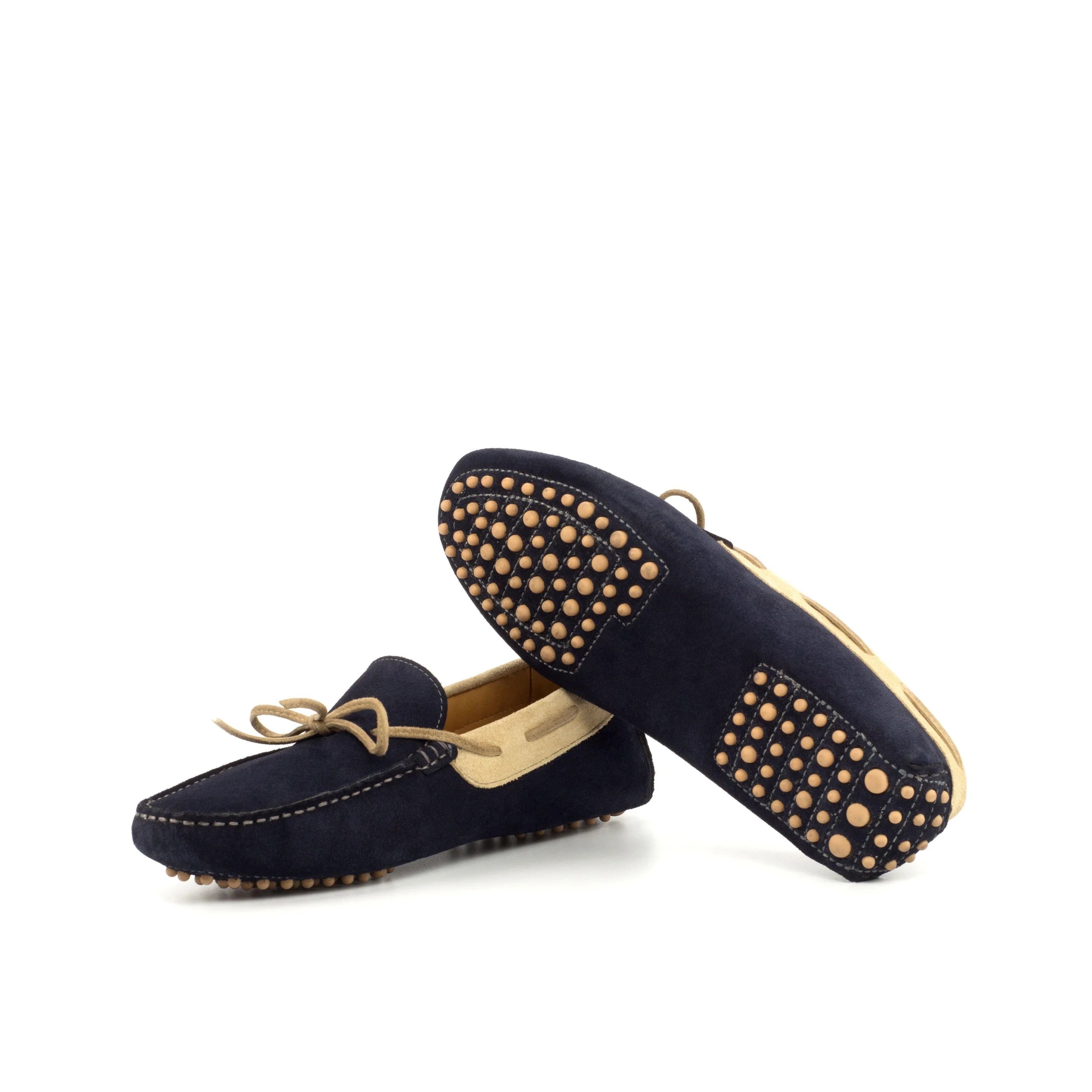 Hudson Driver II navy blue suede loafers with gold studs and tan laces
