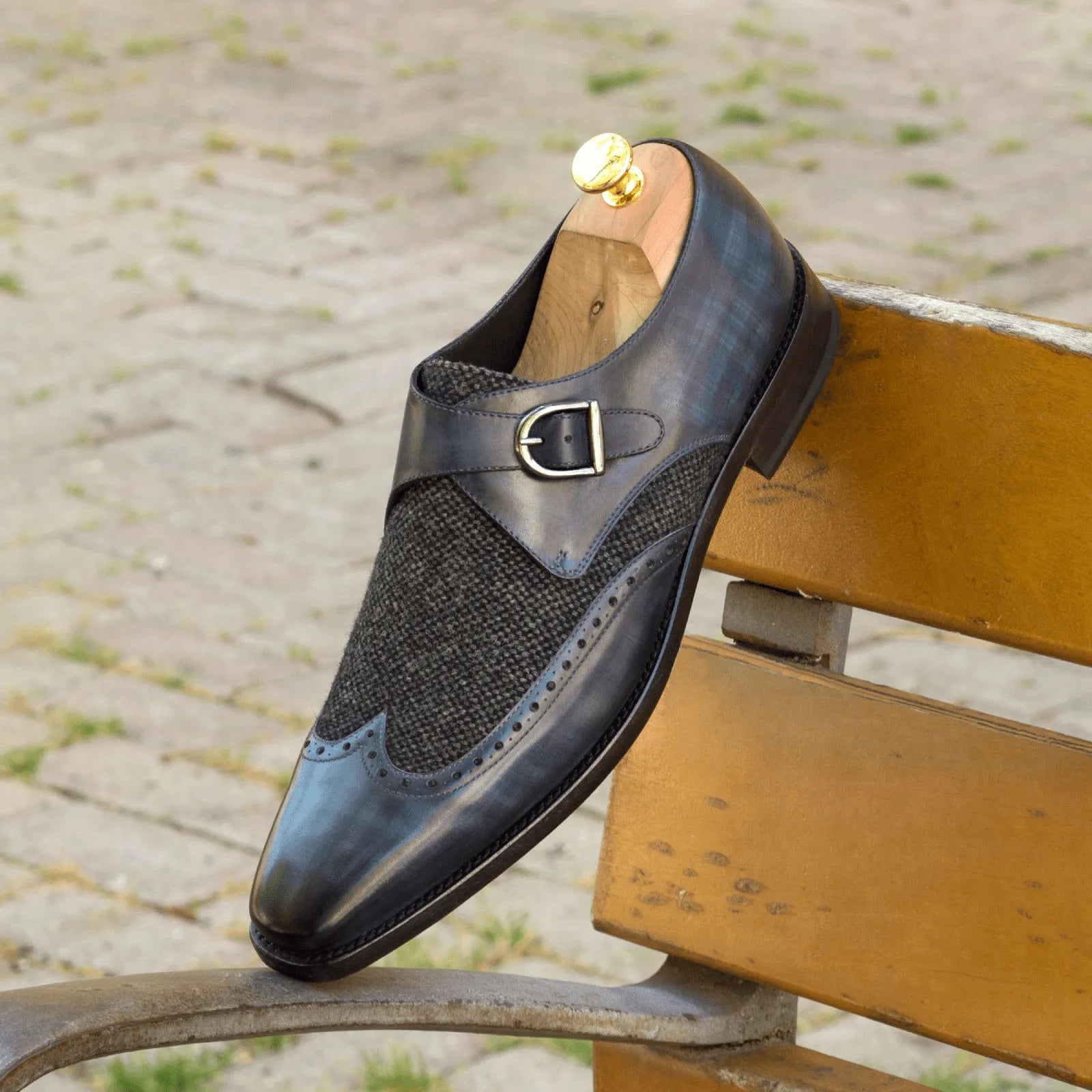 Leather and tweed Hudson Single Monk Patina shoe showcasing elegant single monk design