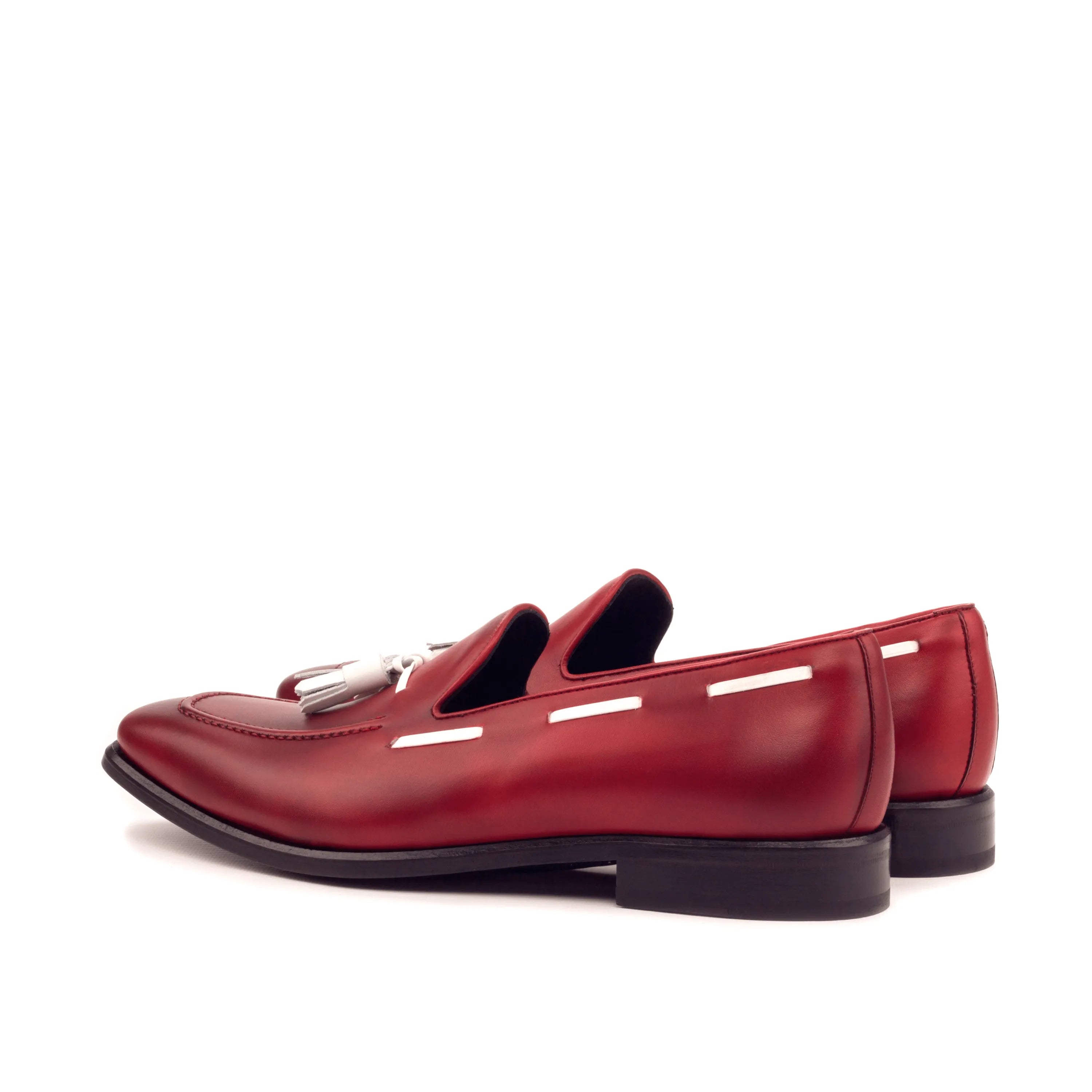 Red leather tassel loafers from Icarus Loafers, luxury bespoke shoes for men
